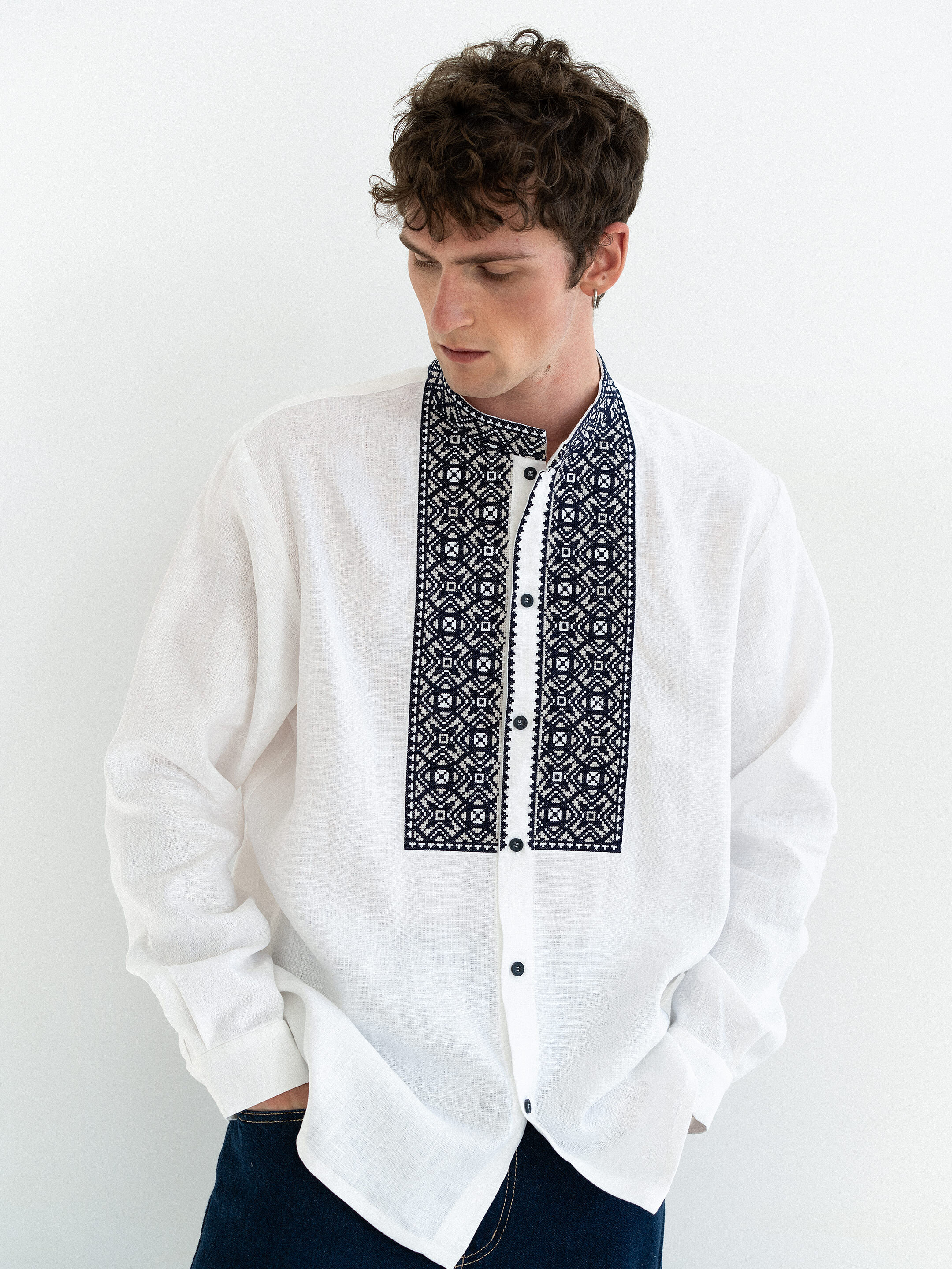 White linen men's embroidered shirt on buttons ED6/2 Buy