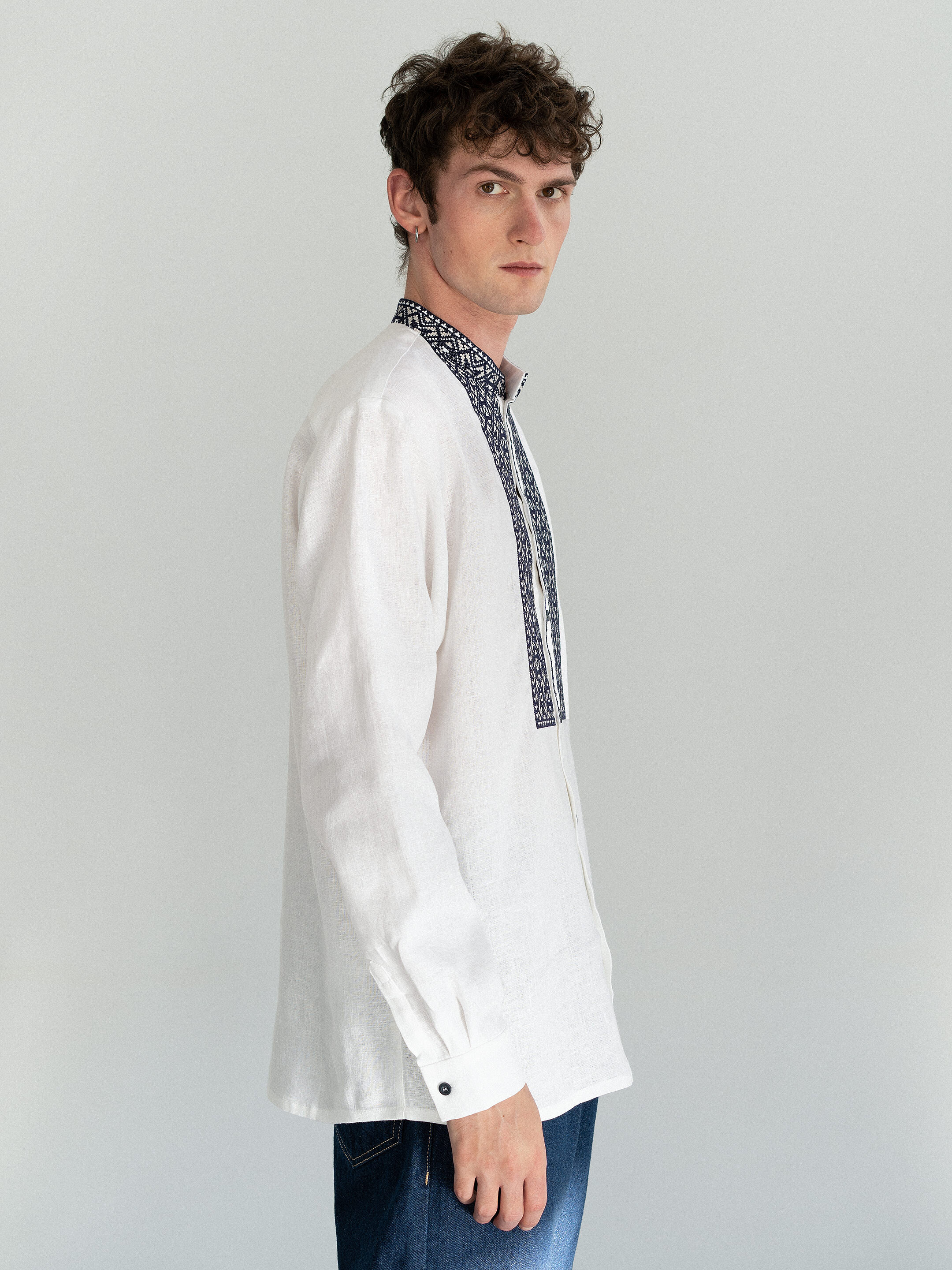 White linen men's embroidered shirt on buttons ED6/2 fitting