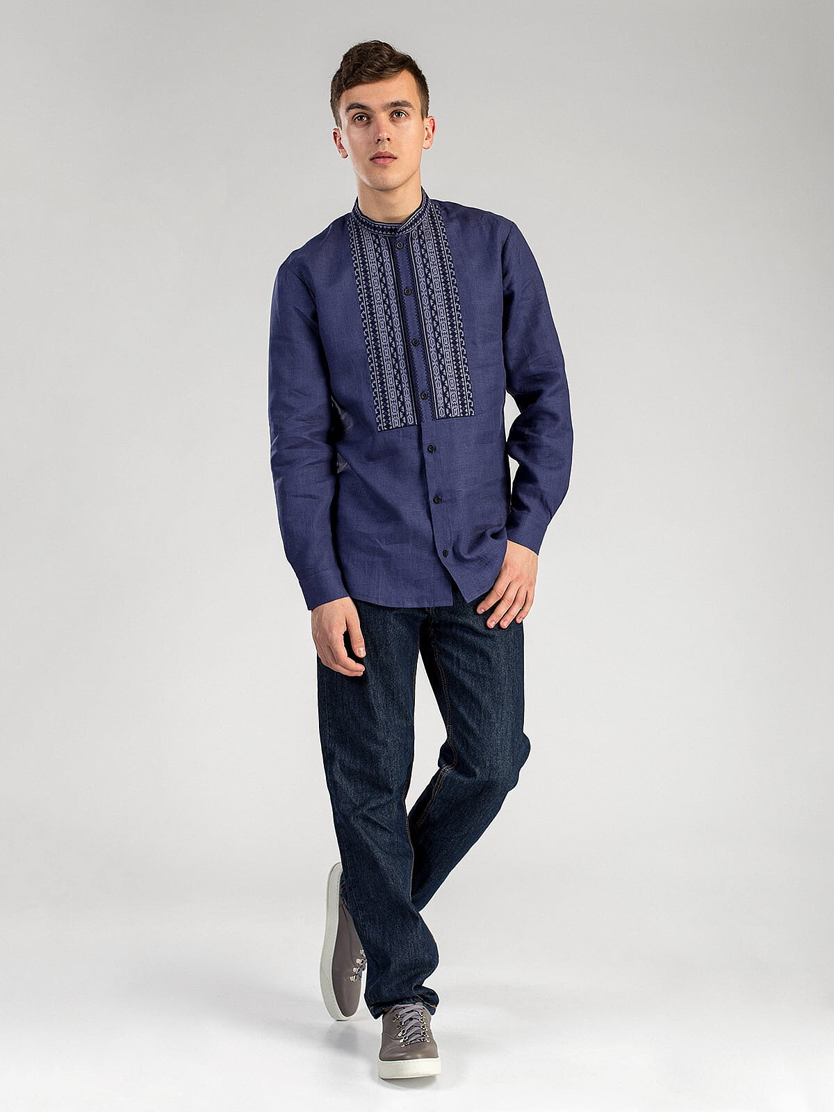 Men's embroidered shirt from blue linen on buttons ED6 cheap