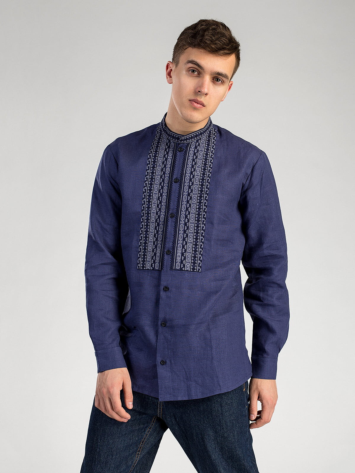 Men's embroidered shirt from blue linen on buttons ED6 Buy