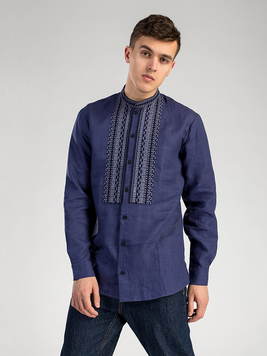 Men's embroidered shirt from blue linen on buttons ED6 [0]