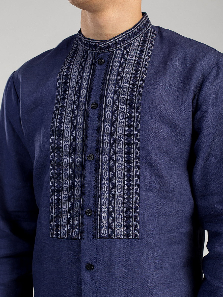 Men's embroidered shirt from blue linen on buttons ED6 [0]
