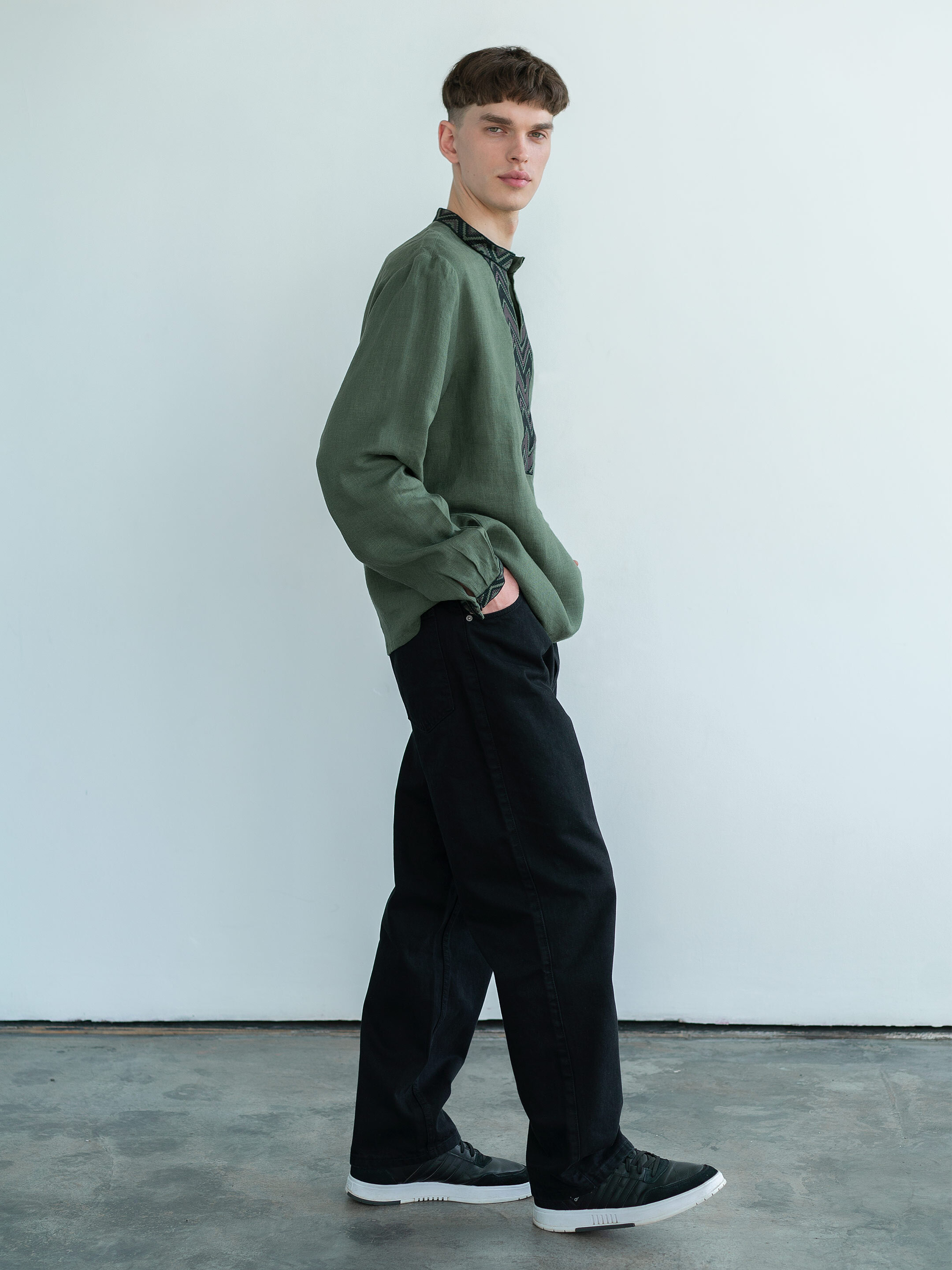 Embroidered shirt made in dark-green color ED8 in Ukraine