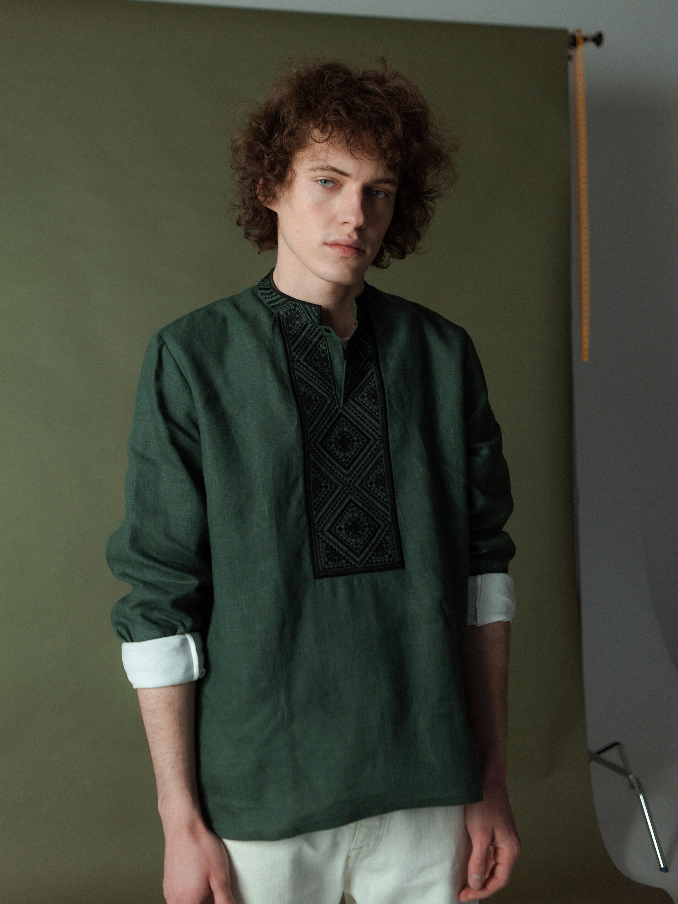 Men's shirt from green linen with embroidery Troyan photo