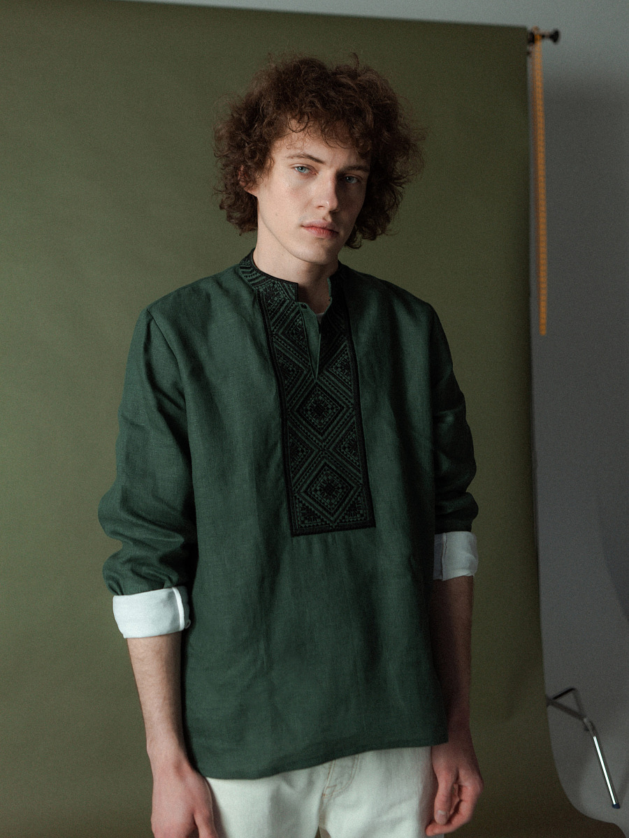 Men's shirt from green linen with embroidery Troyan [0]