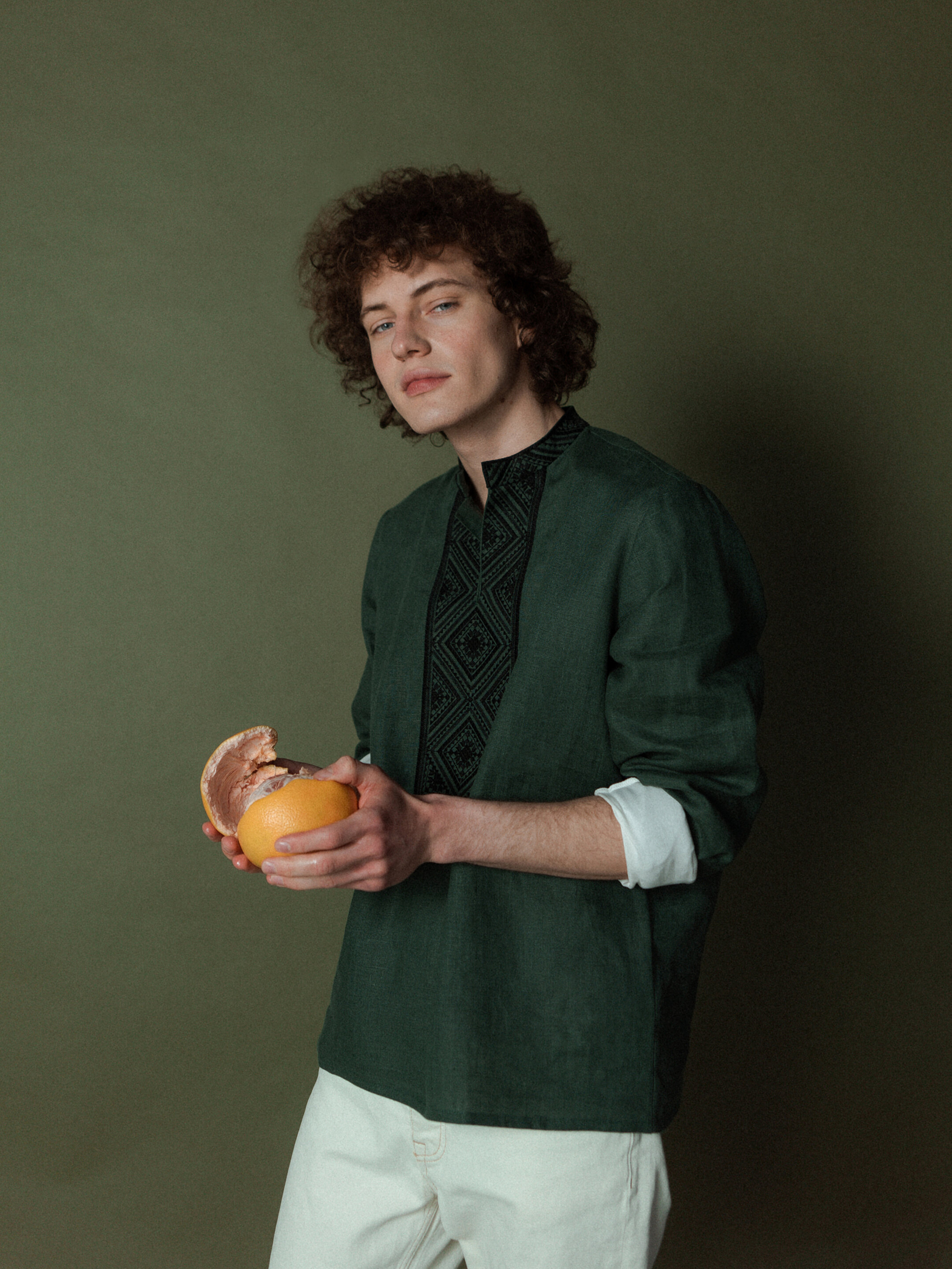 Men's shirt from green linen with embroidery Troyan Buy