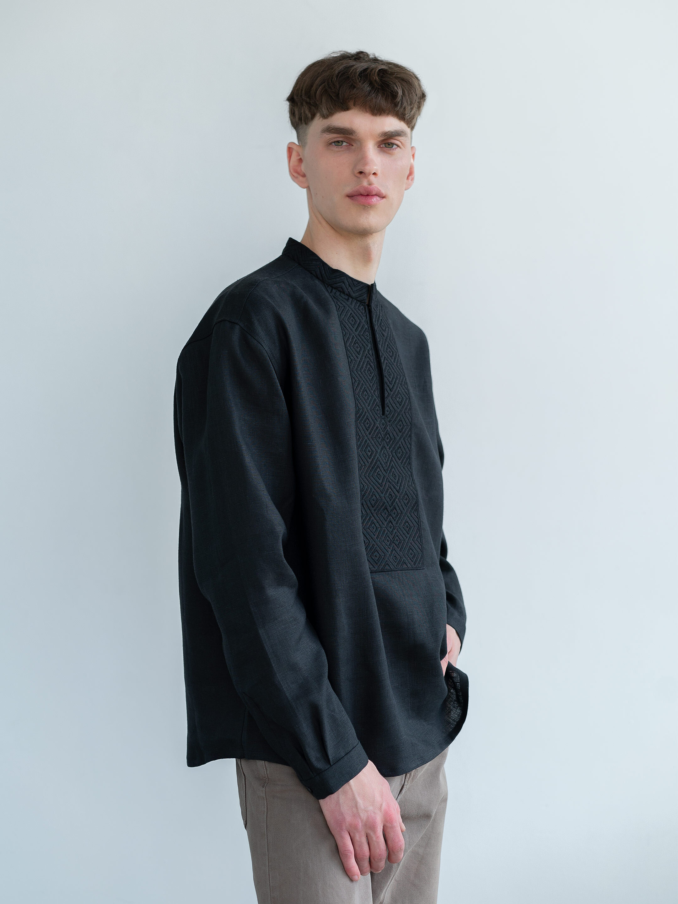 Men's one color black embroidered shirt Apollo Black cheap