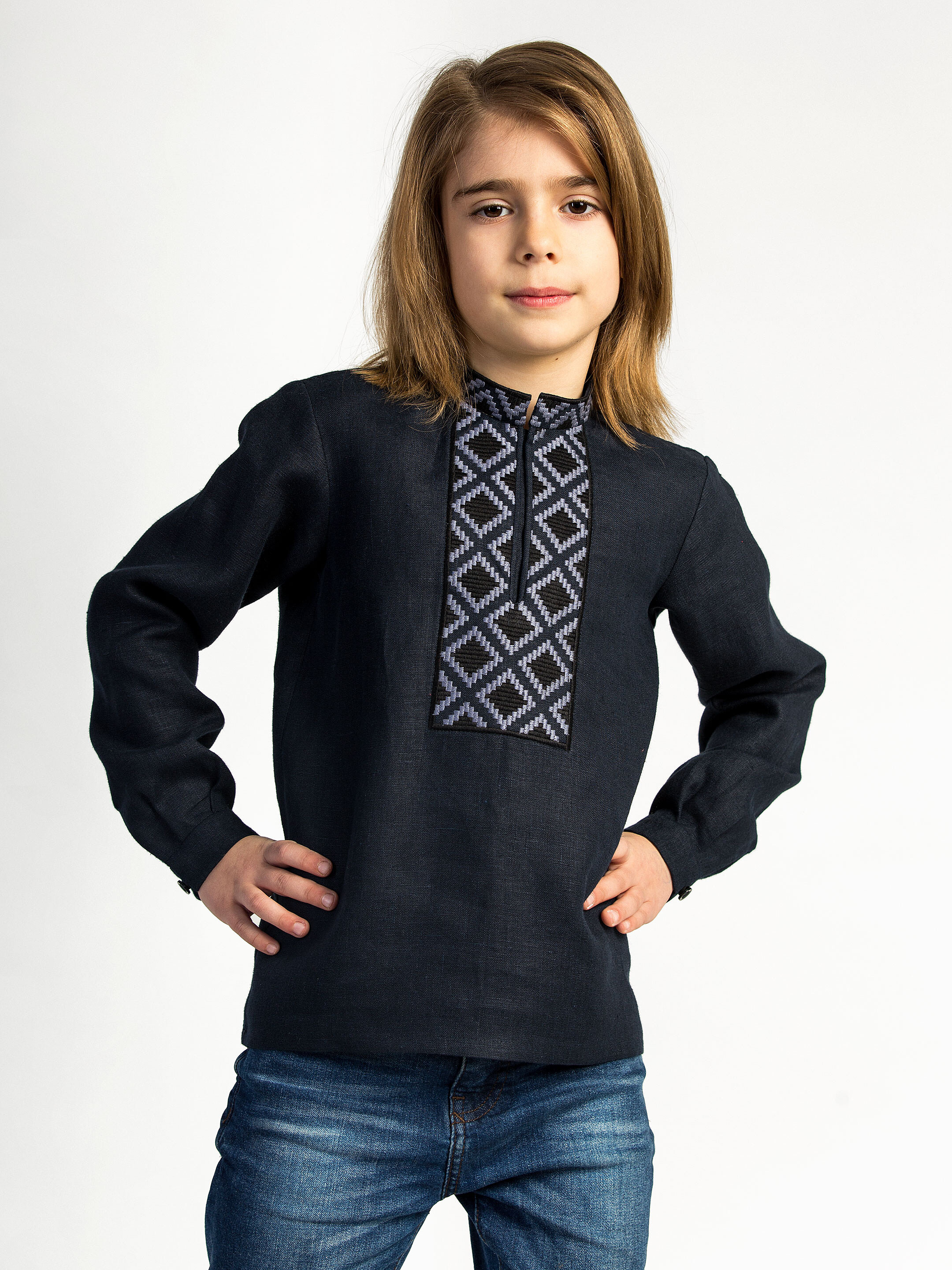 Boy`s embroidered shirt STAR dark blue photo