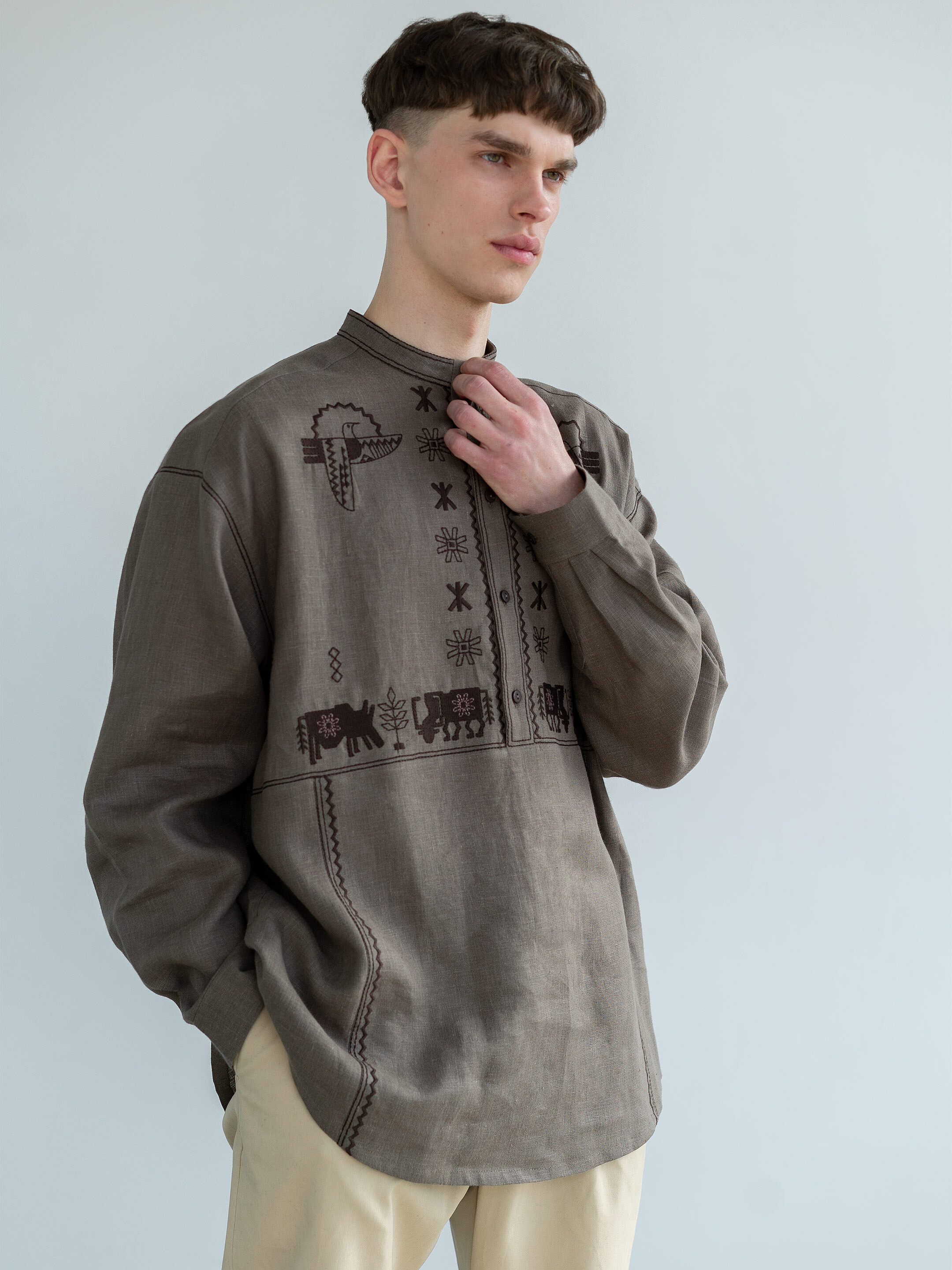 Men's linen shirt with embroidery Adam Brown fitting