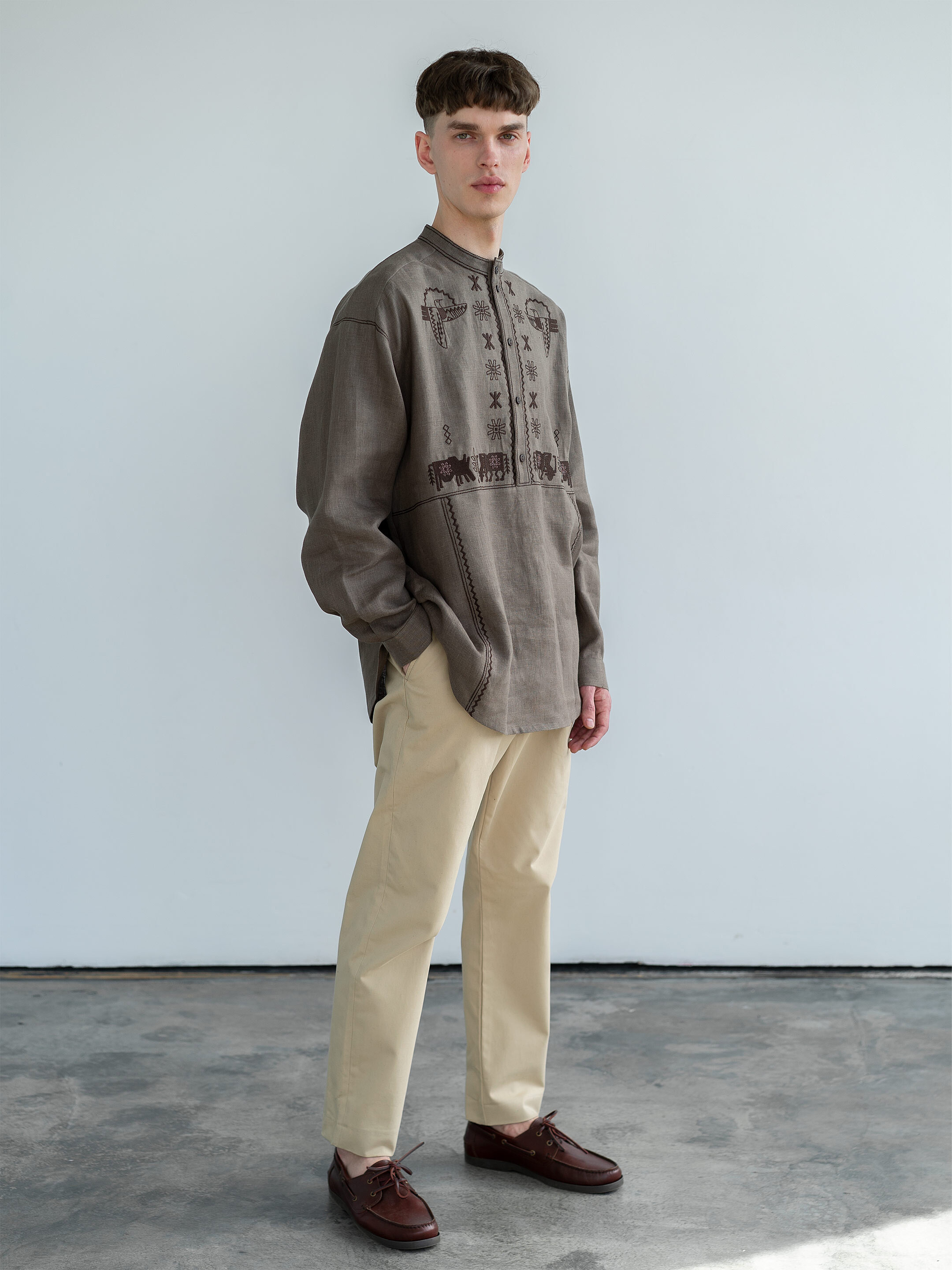 Men's linen shirt with embroidery Adam Brown sizes