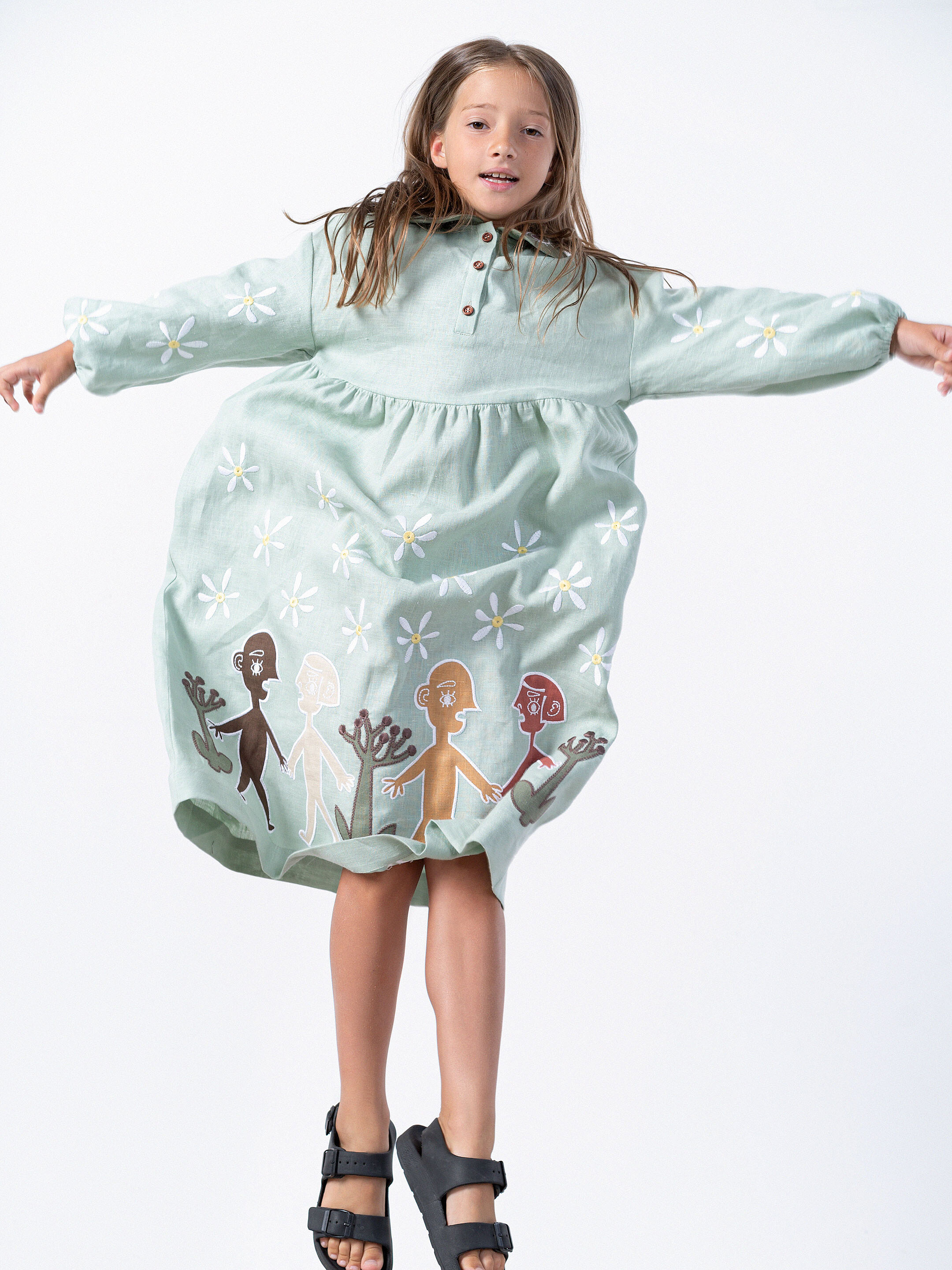 Embroidered linen turquoise color dress Kolo Day in Ukraine