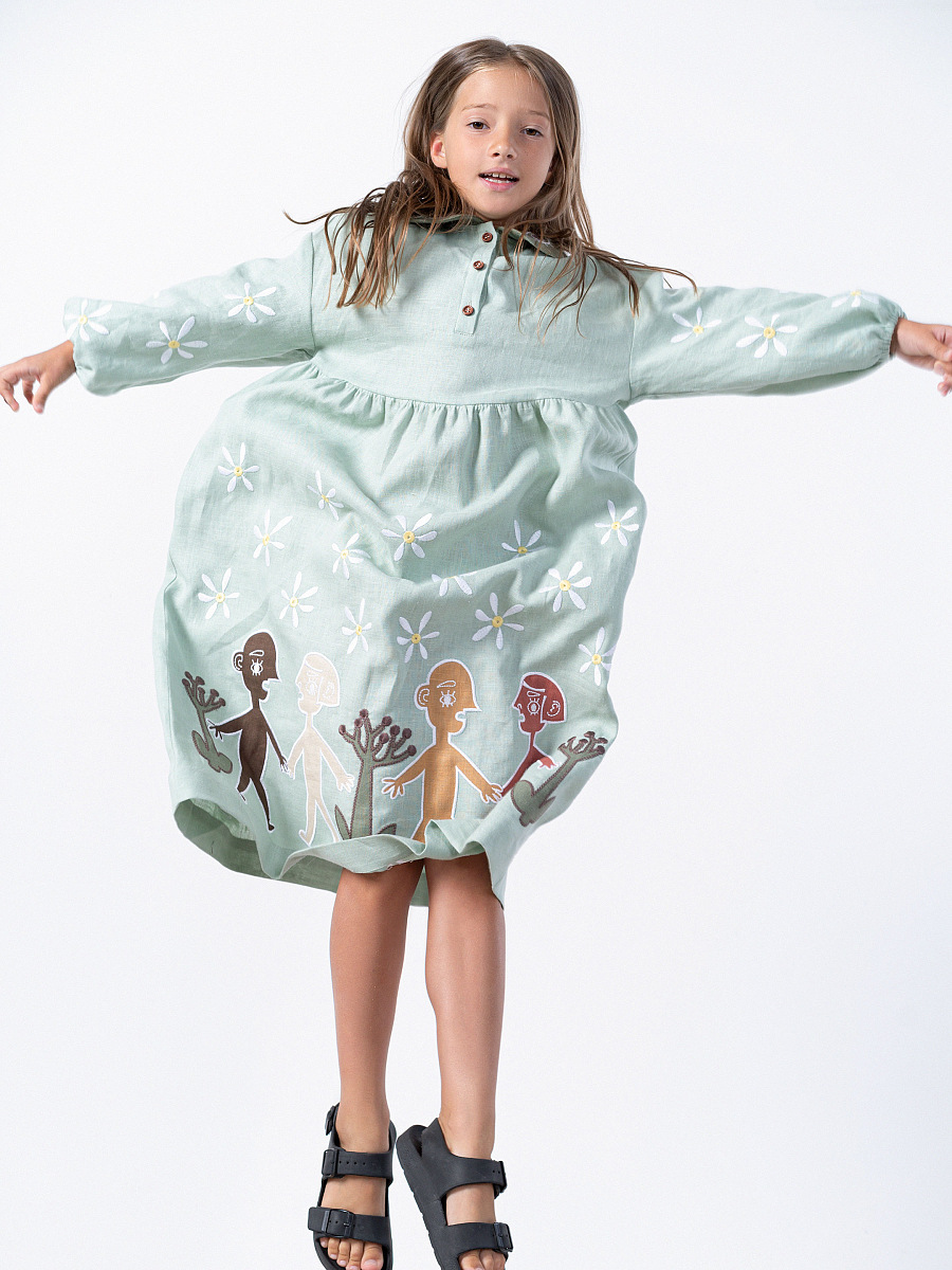 Embroidered linen turquoise color dress Kolo Day [0]