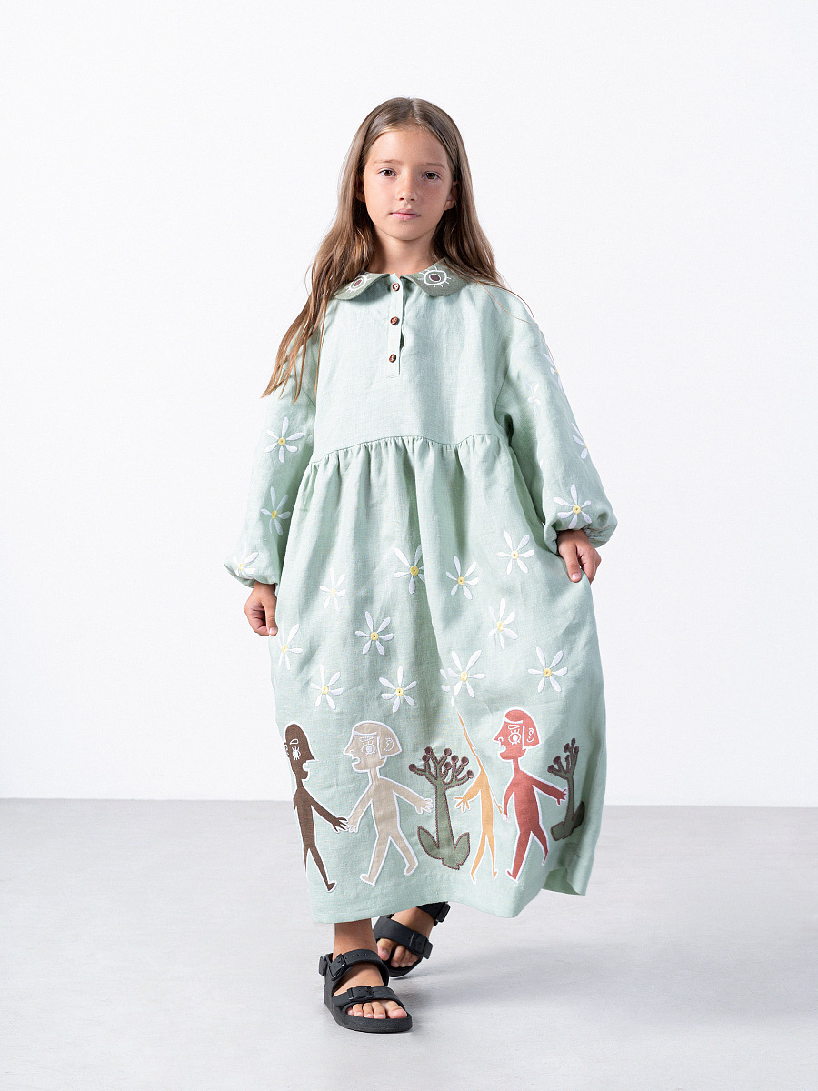 Embroidered linen turquoise color dress Kolo Day [0]