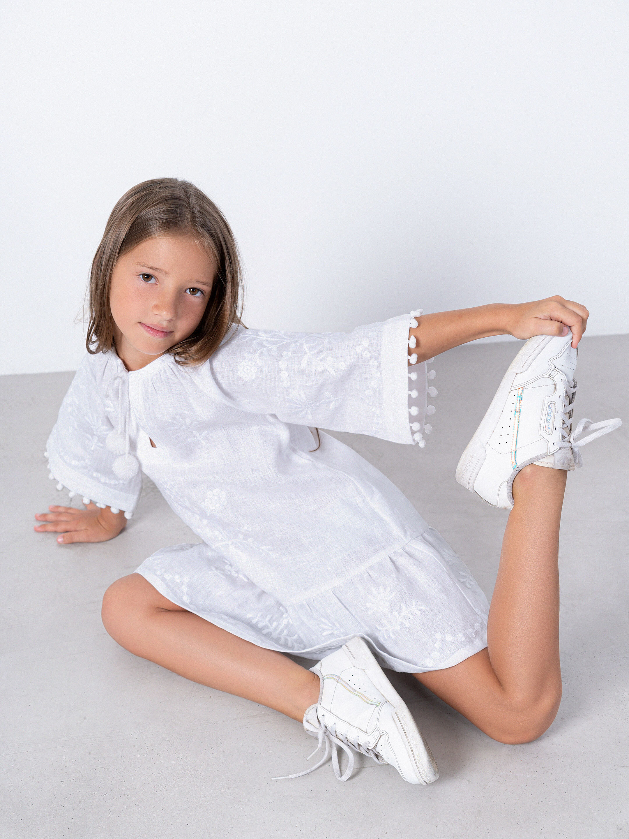 Embroidered linen white color dress Lavyna fitting