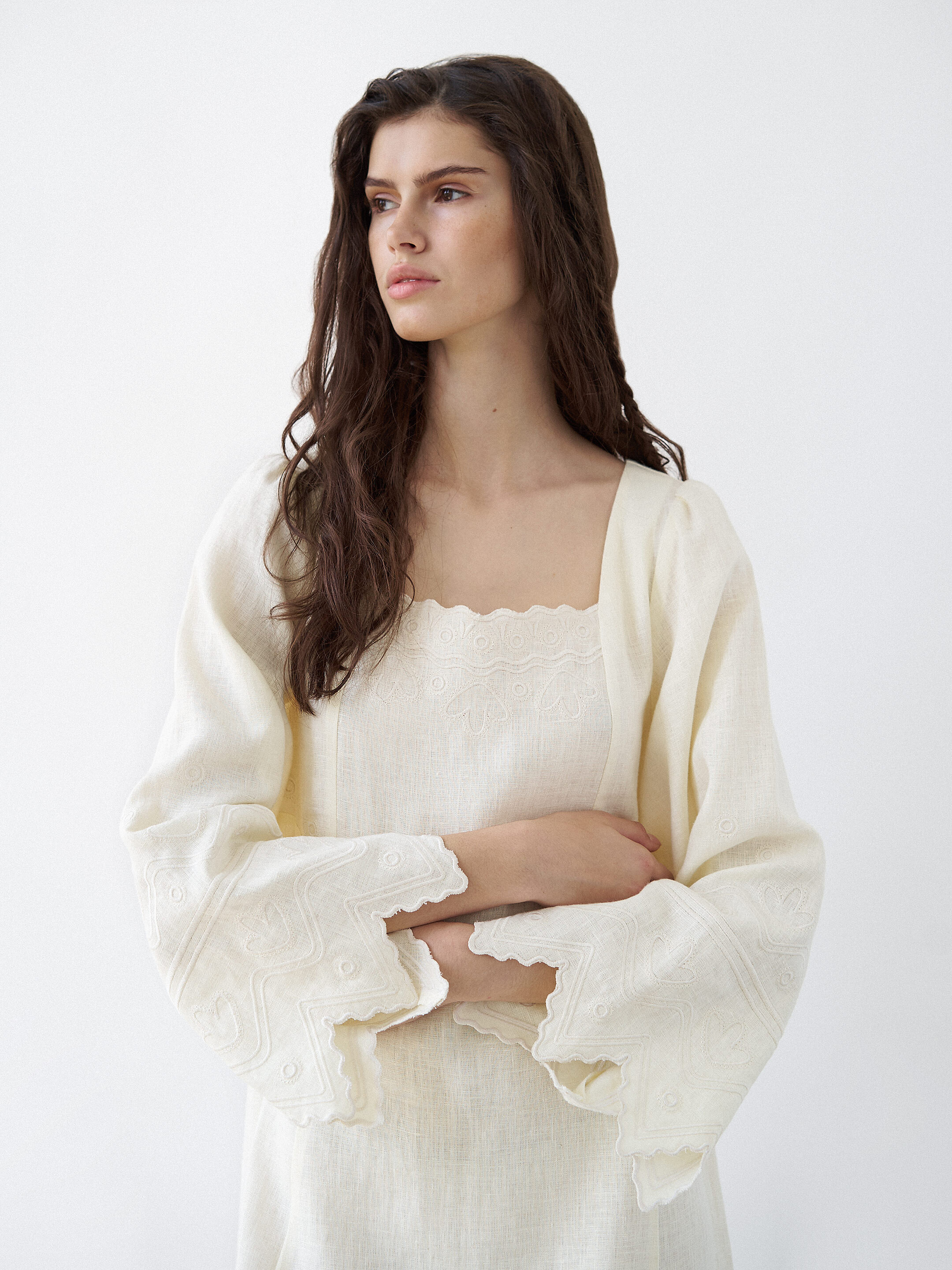 Beige linen dress with embroidery Nizhnist sizes