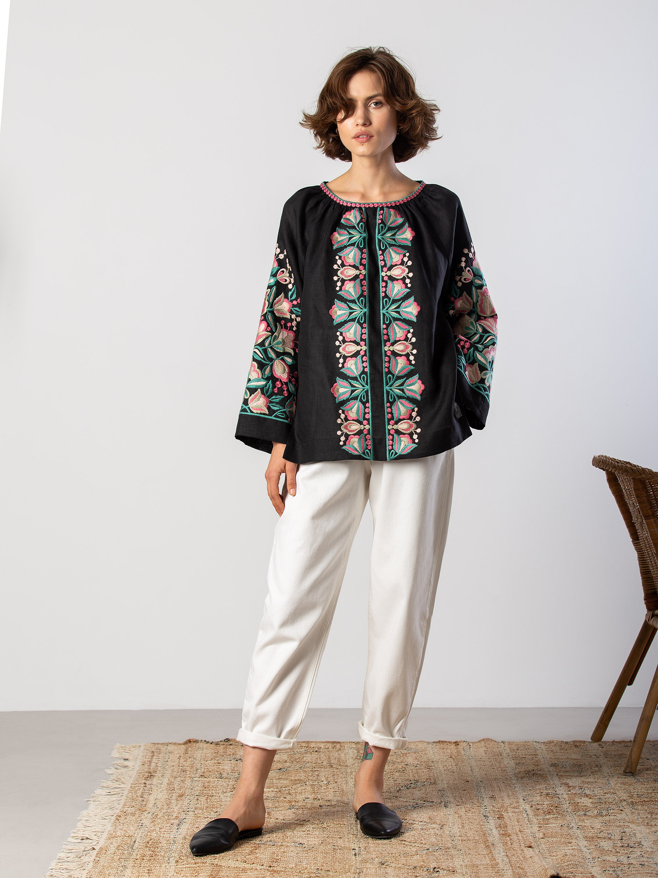 Black shirt with floral ornament Herb cheap