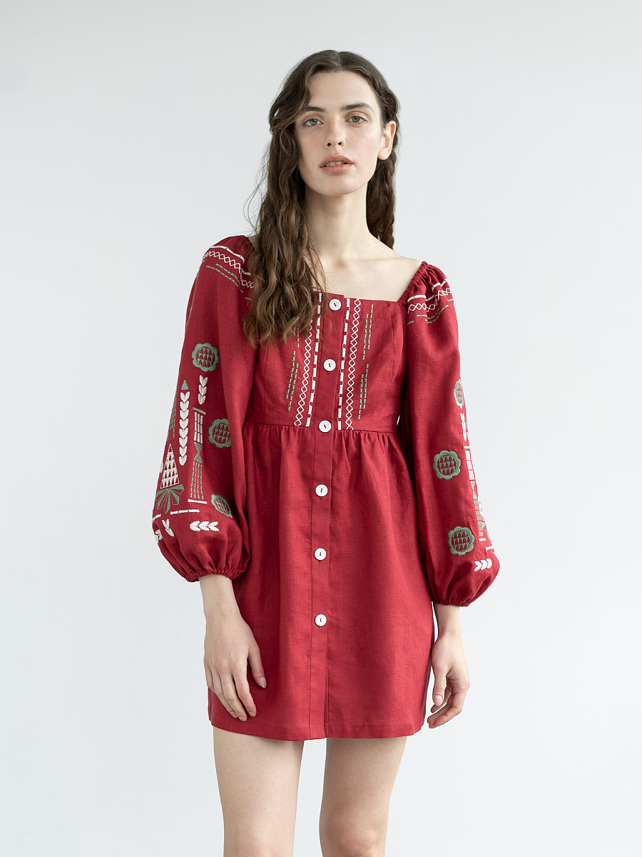 Linen embroidered dress Red Mozaika [0]