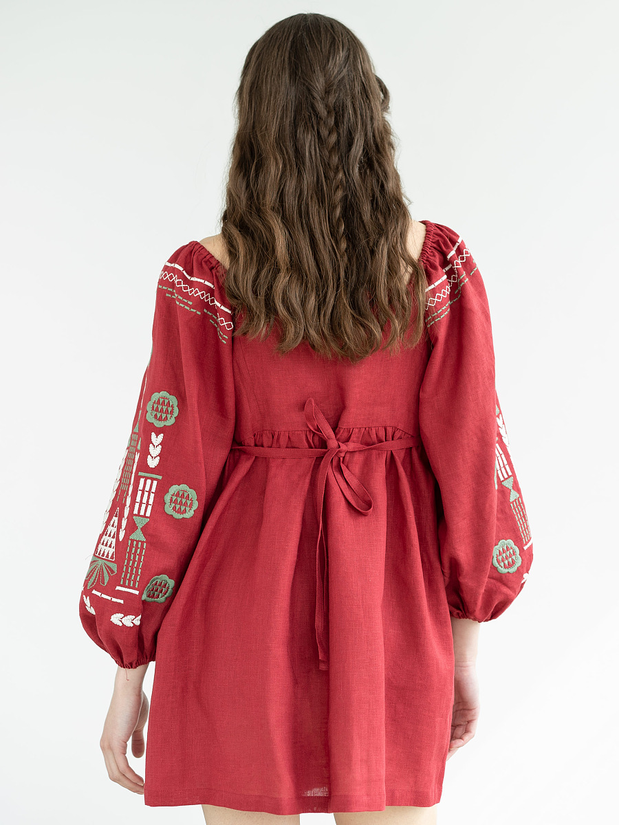 Linen embroidered dress Red Mozaika [0]