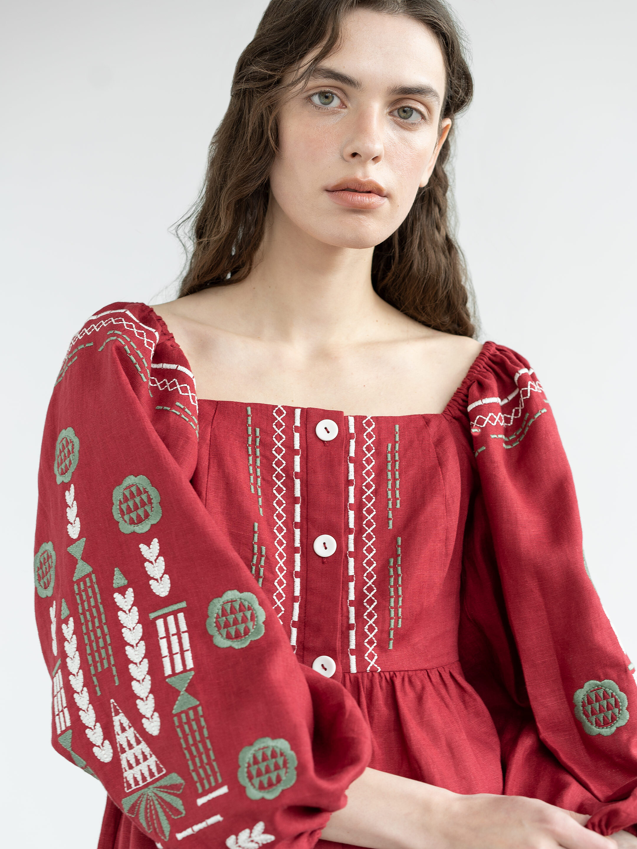 Linen embroidered dress Red Mozaika photo