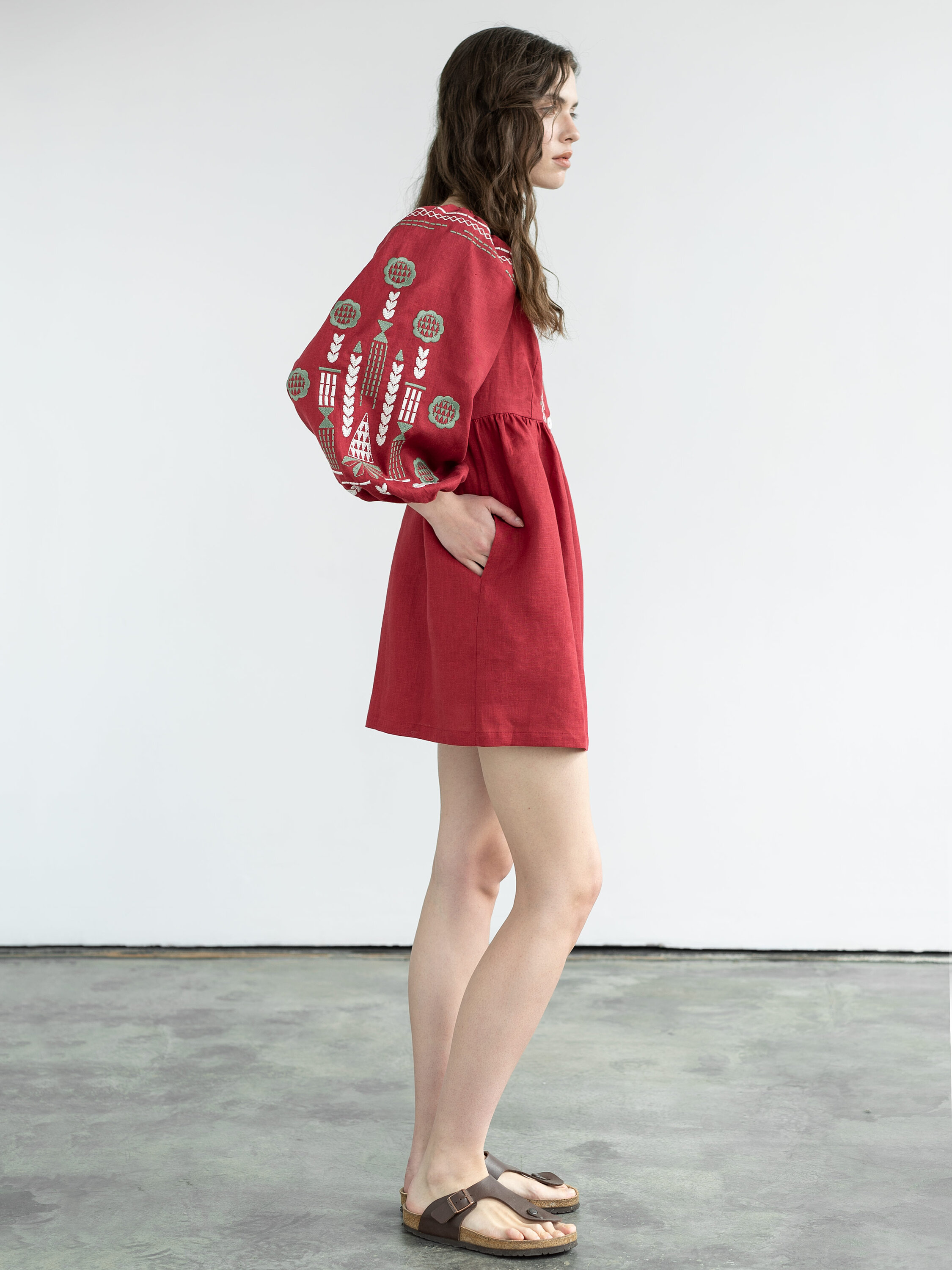 Linen embroidered dress Red Mozaika choose