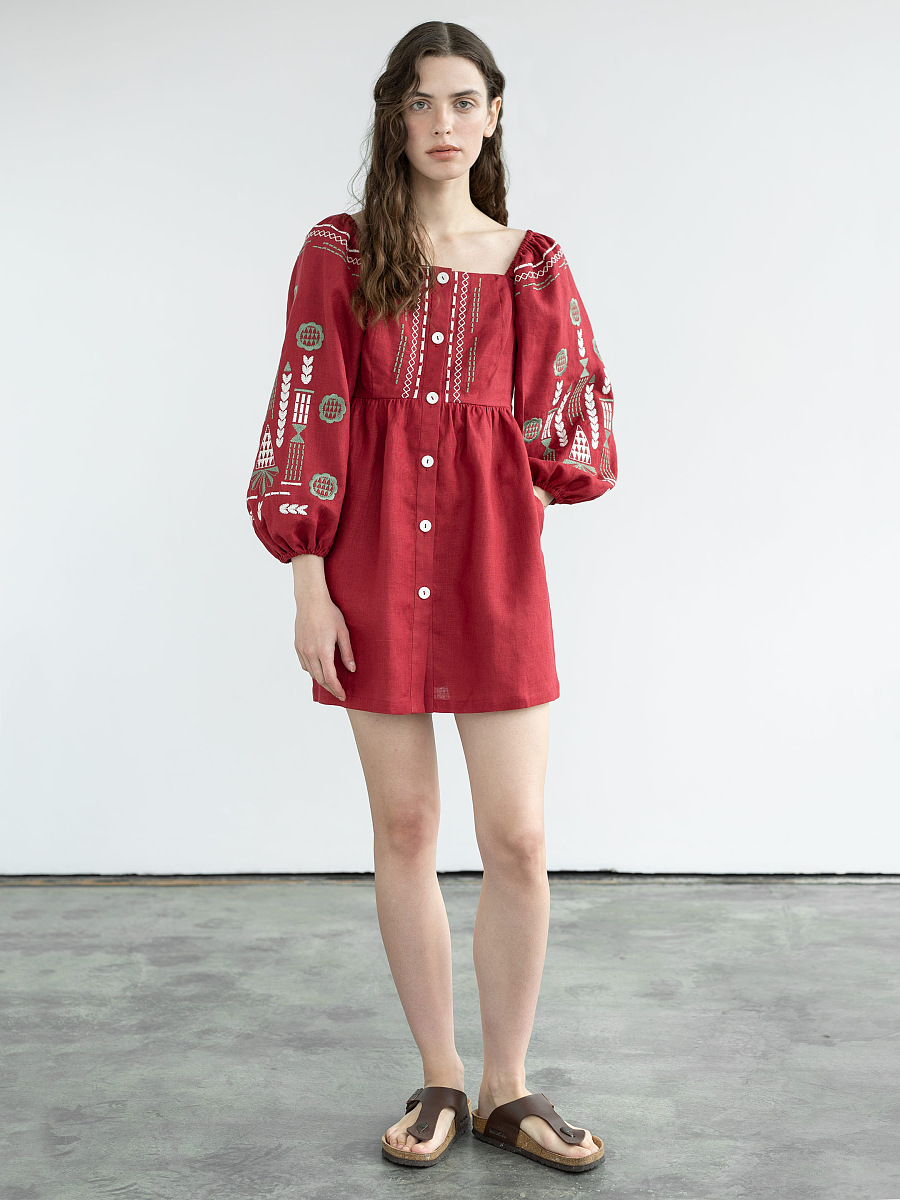 Linen embroidered dress Red Mozaika [0]