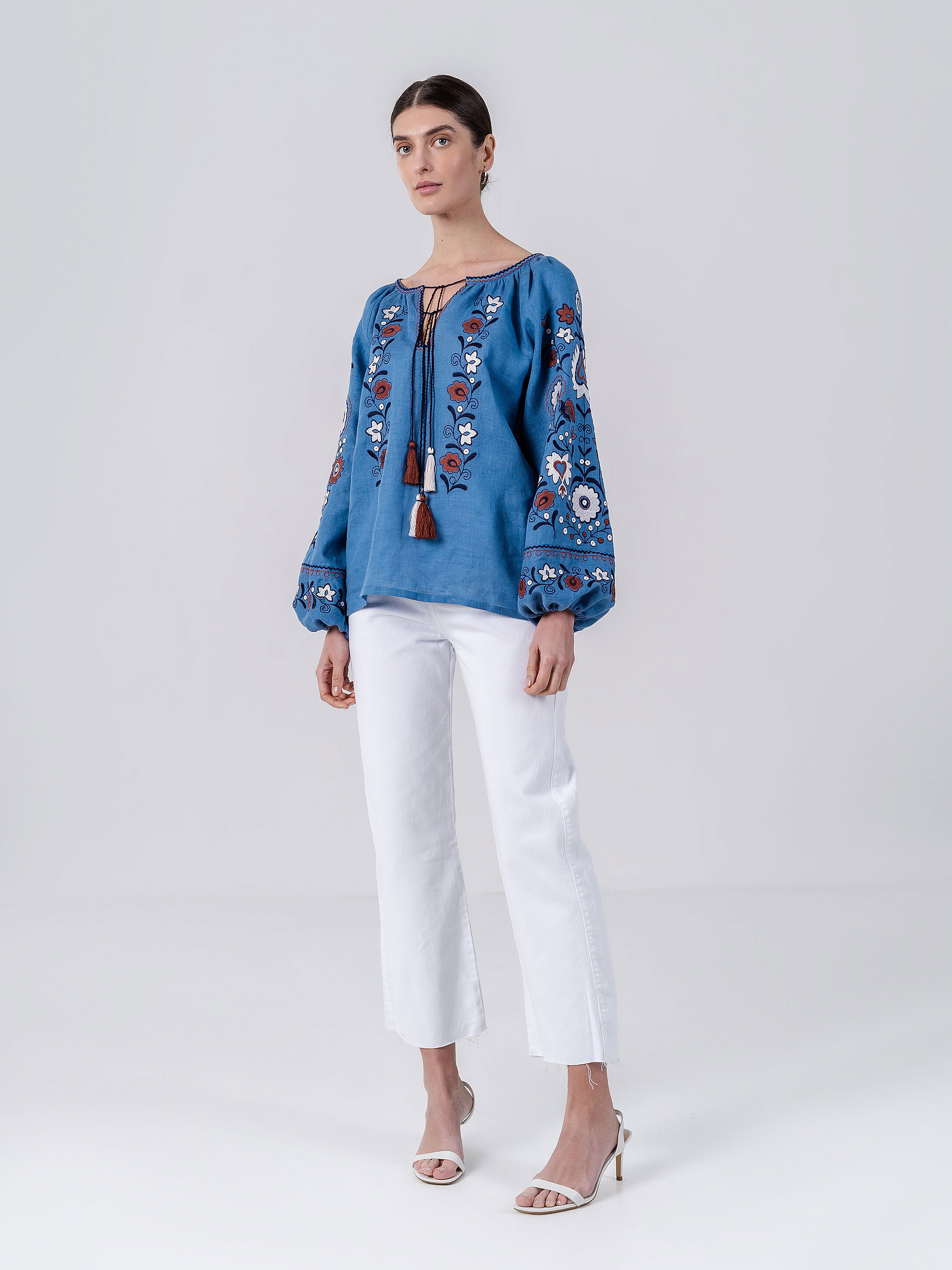 Blue embroidered shirt with floral ornament Fialka cheap