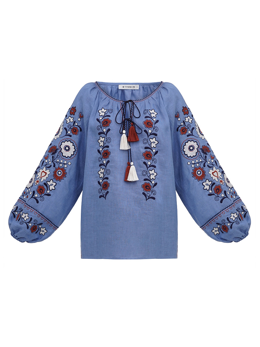Blue embroidered shirt with floral ornament Fialka [0]