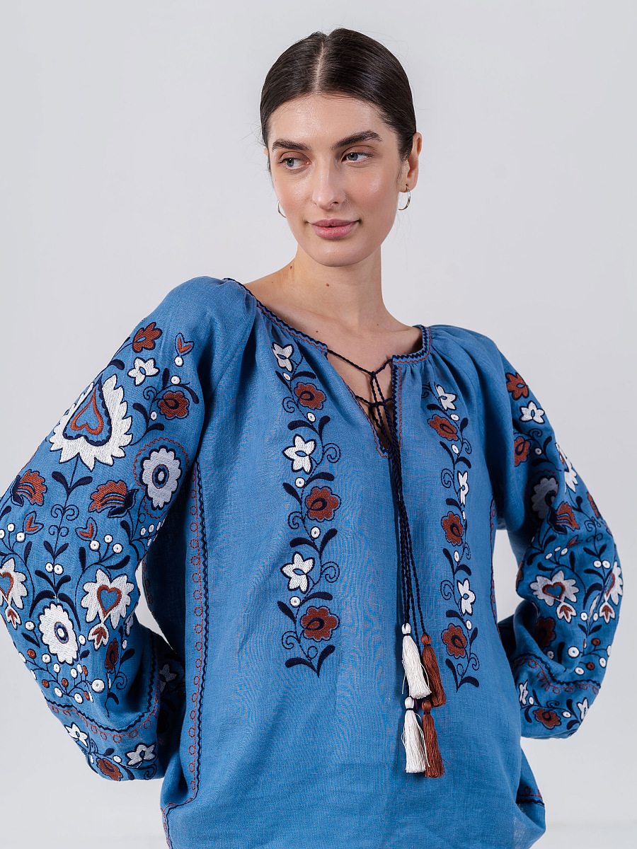 Blue embroidered shirt with floral ornament Fialka [0]