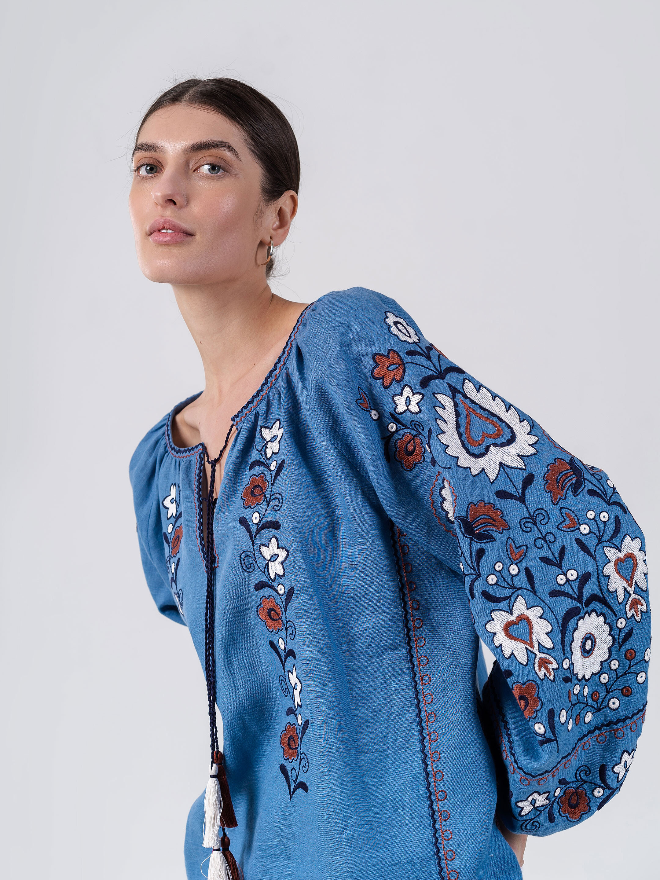 Blue embroidered shirt with floral ornament Fialka Buy