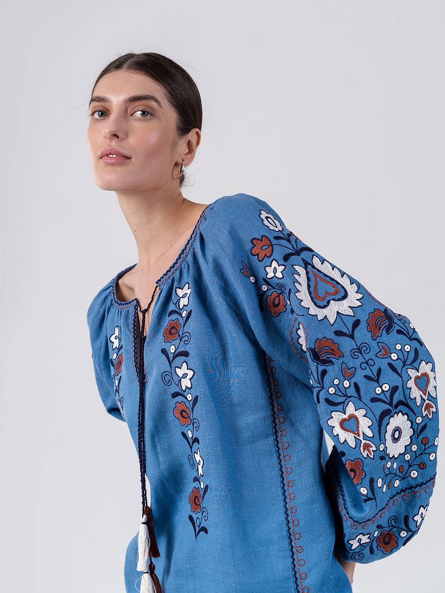Blue embroidered shirt with floral ornament Fialka [0]