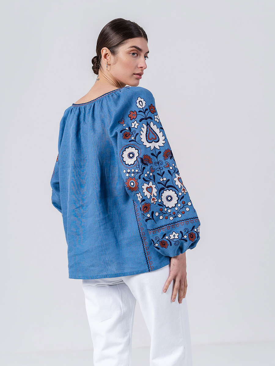 Blue embroidered shirt with floral ornament Fialka [0]