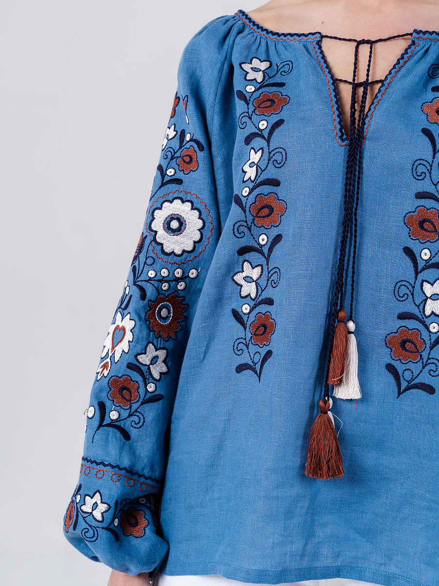 Blue embroidered shirt with floral ornament Fialka [0]