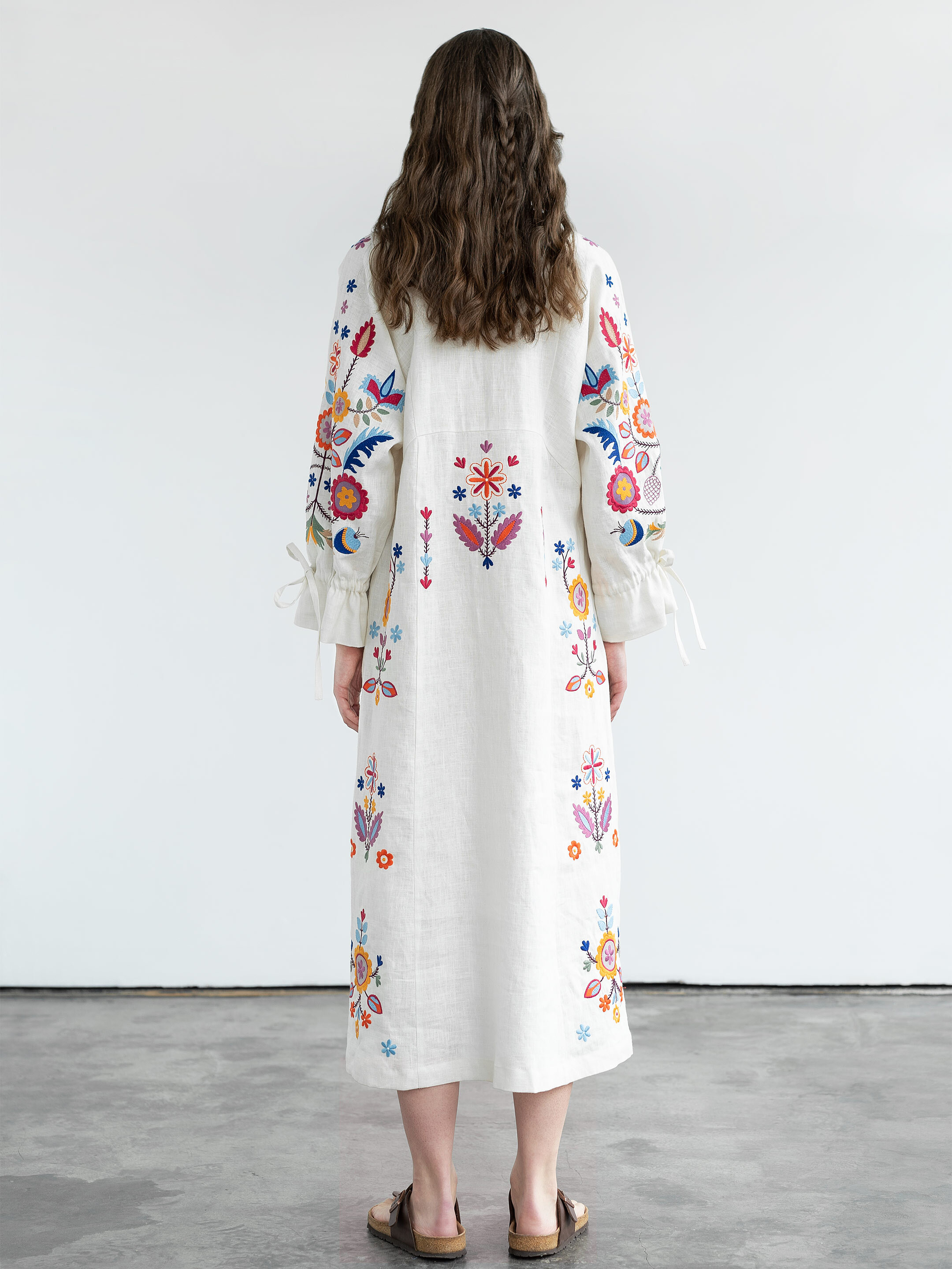 White linen dress with floral embroidery Sobachko choose