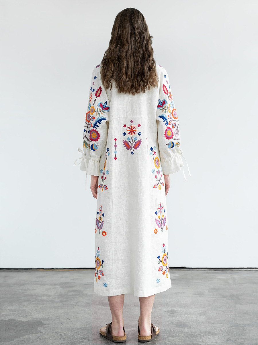 White linen dress with floral embroidery Taily [0]