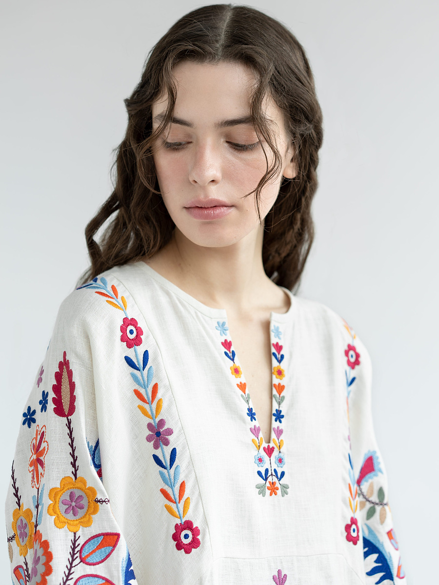White linen dress with floral embroidery Taily [0]