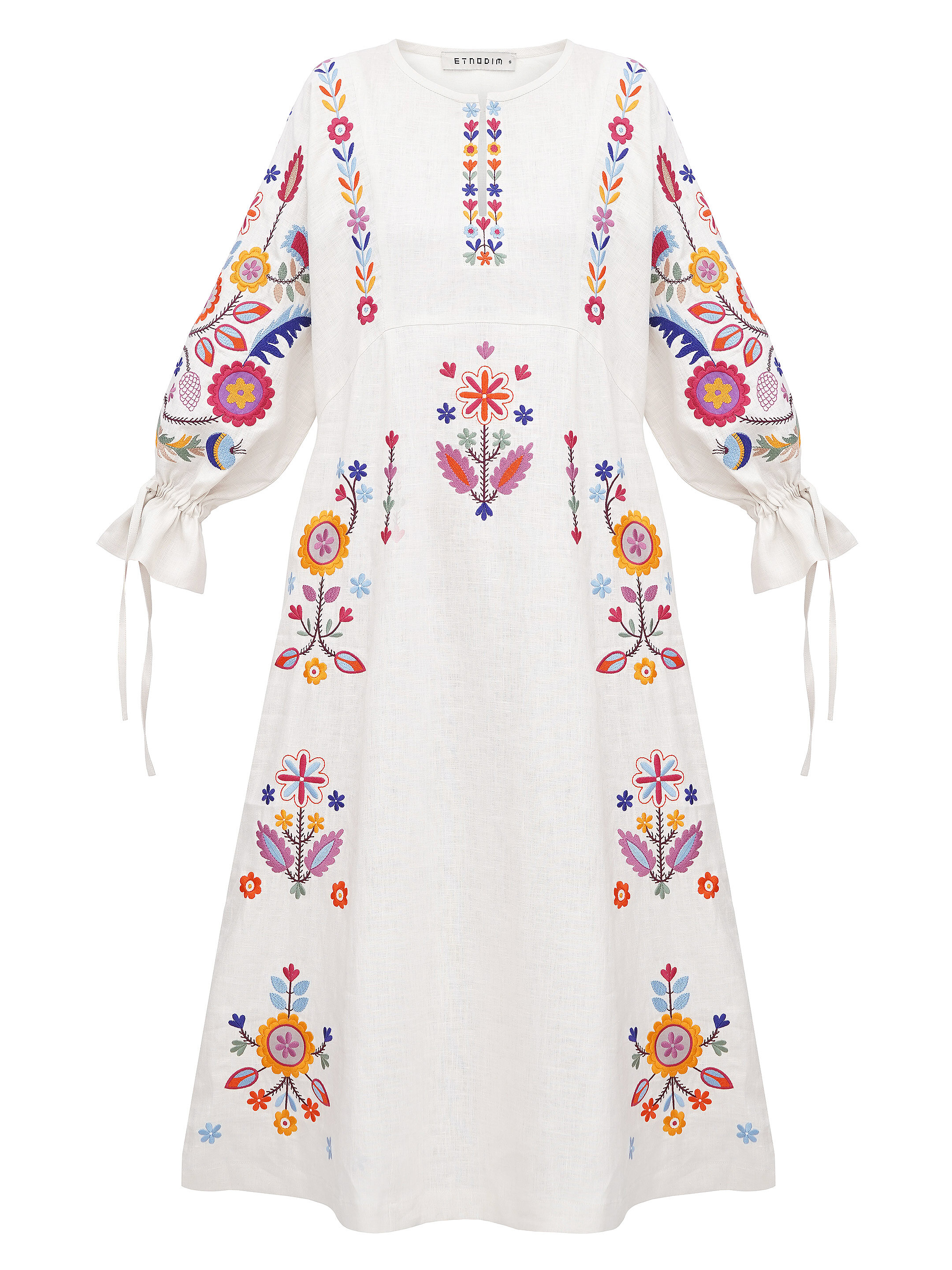 White linen dress with floral embroidery Sobachko in e-store
