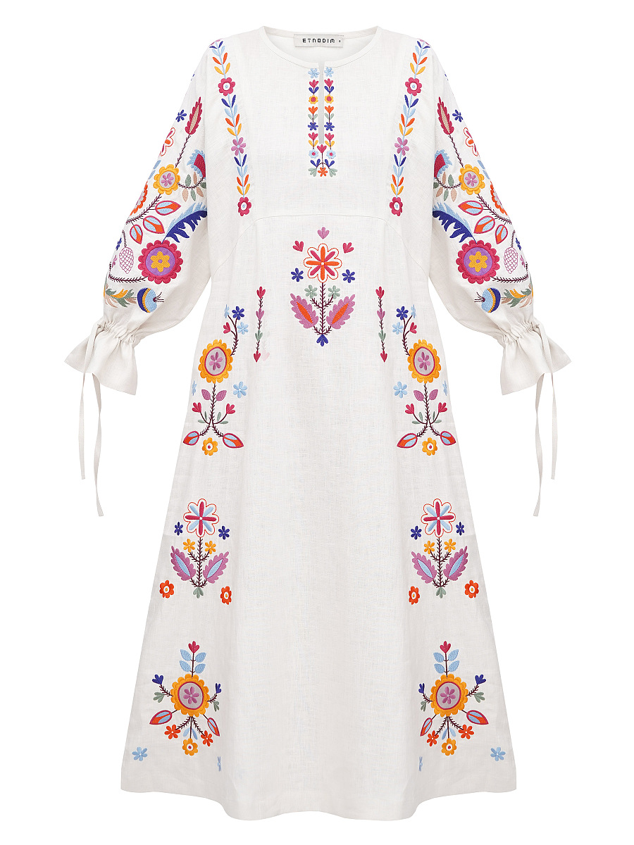 White linen dress with floral embroidery Taily [0]