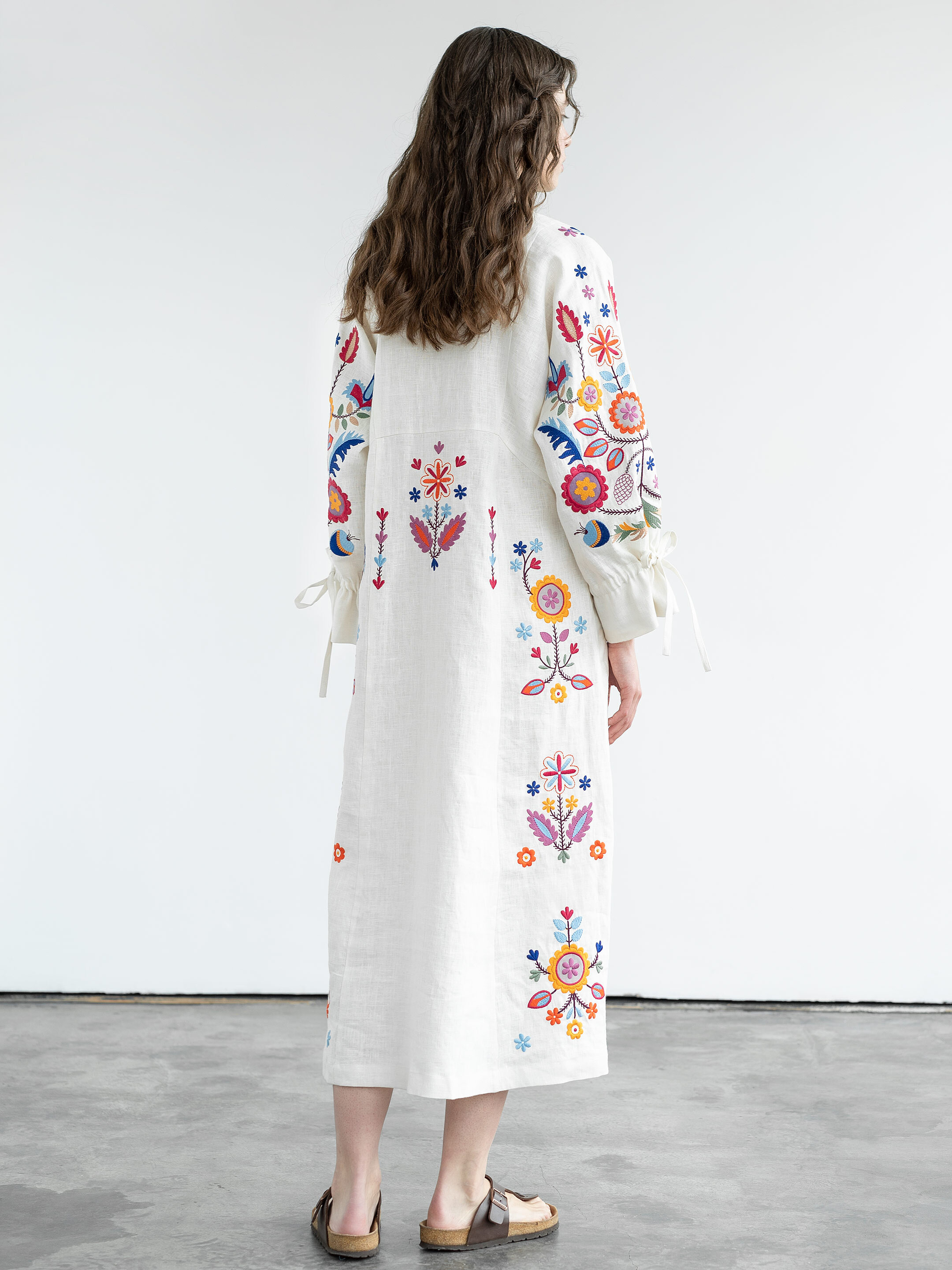 White linen dress with floral embroidery Sobachko buy