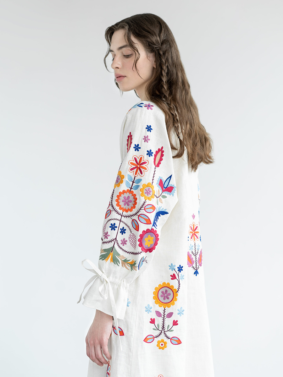 White linen dress with floral embroidery Taily [0]