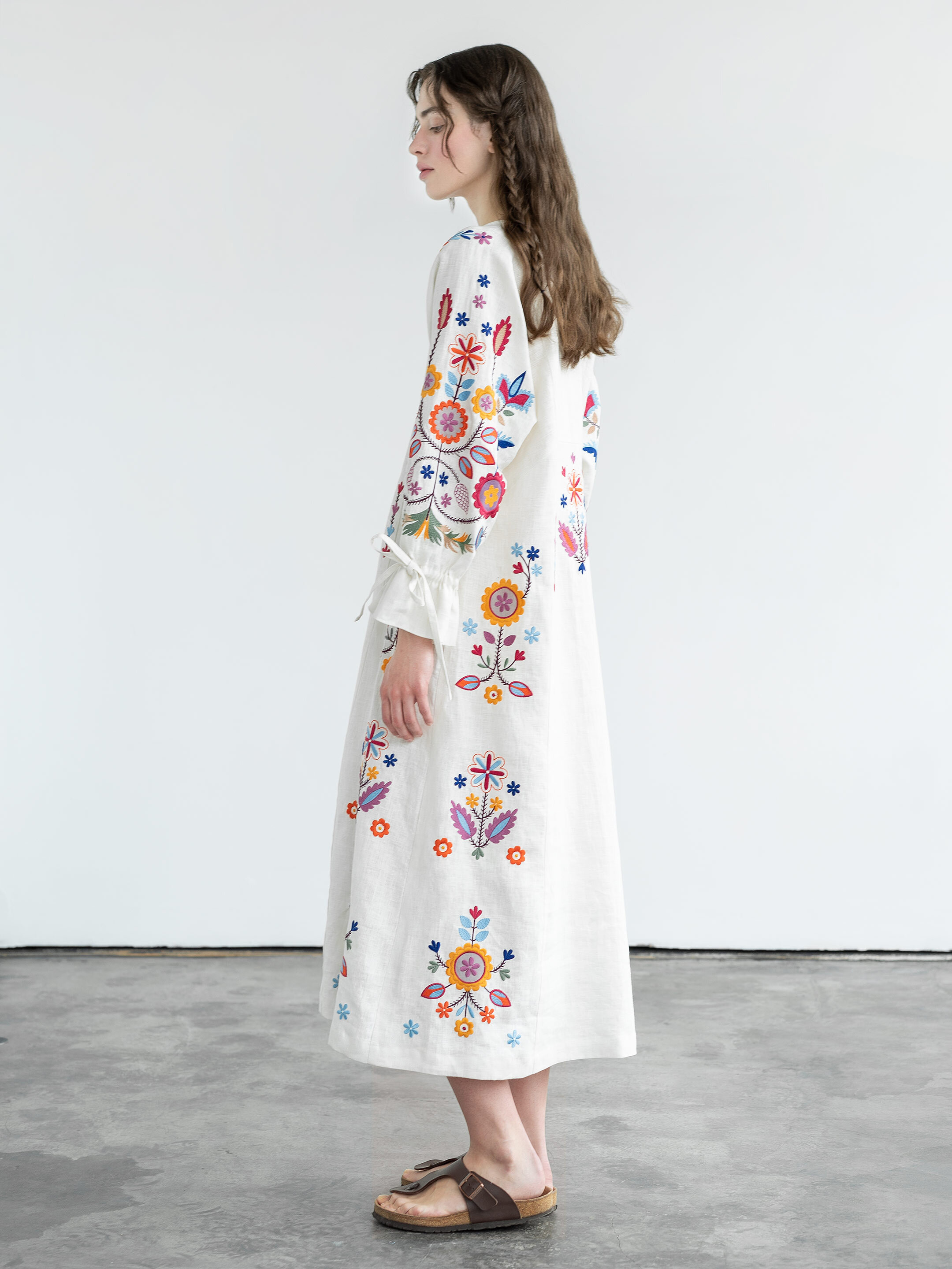 White linen dress with floral embroidery Sobachko in Ukraine