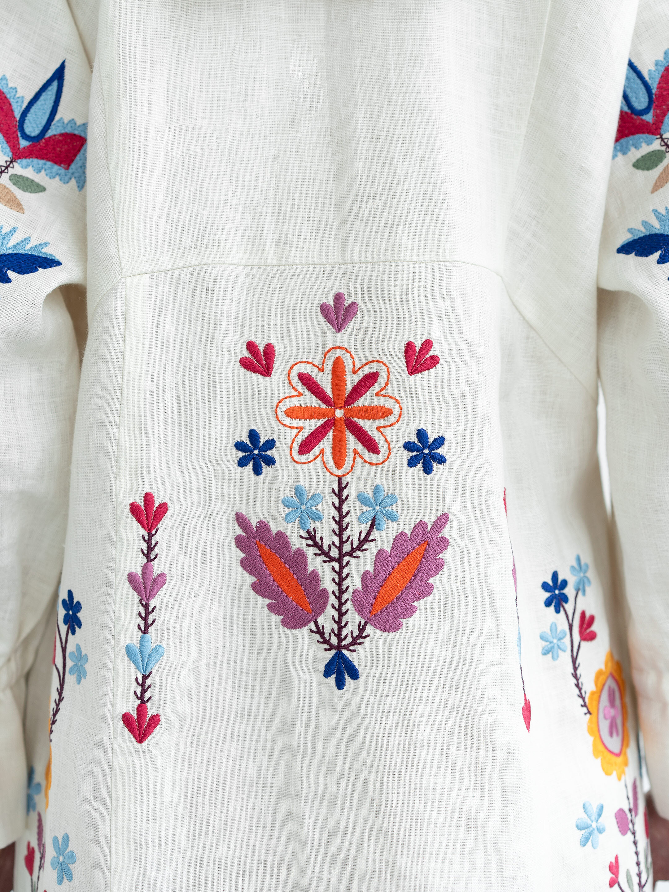 White linen dress with floral embroidery Sobachko fitting