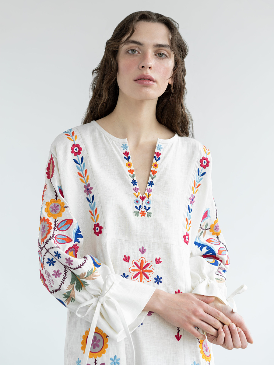 White linen dress with floral embroidery Taily [0]