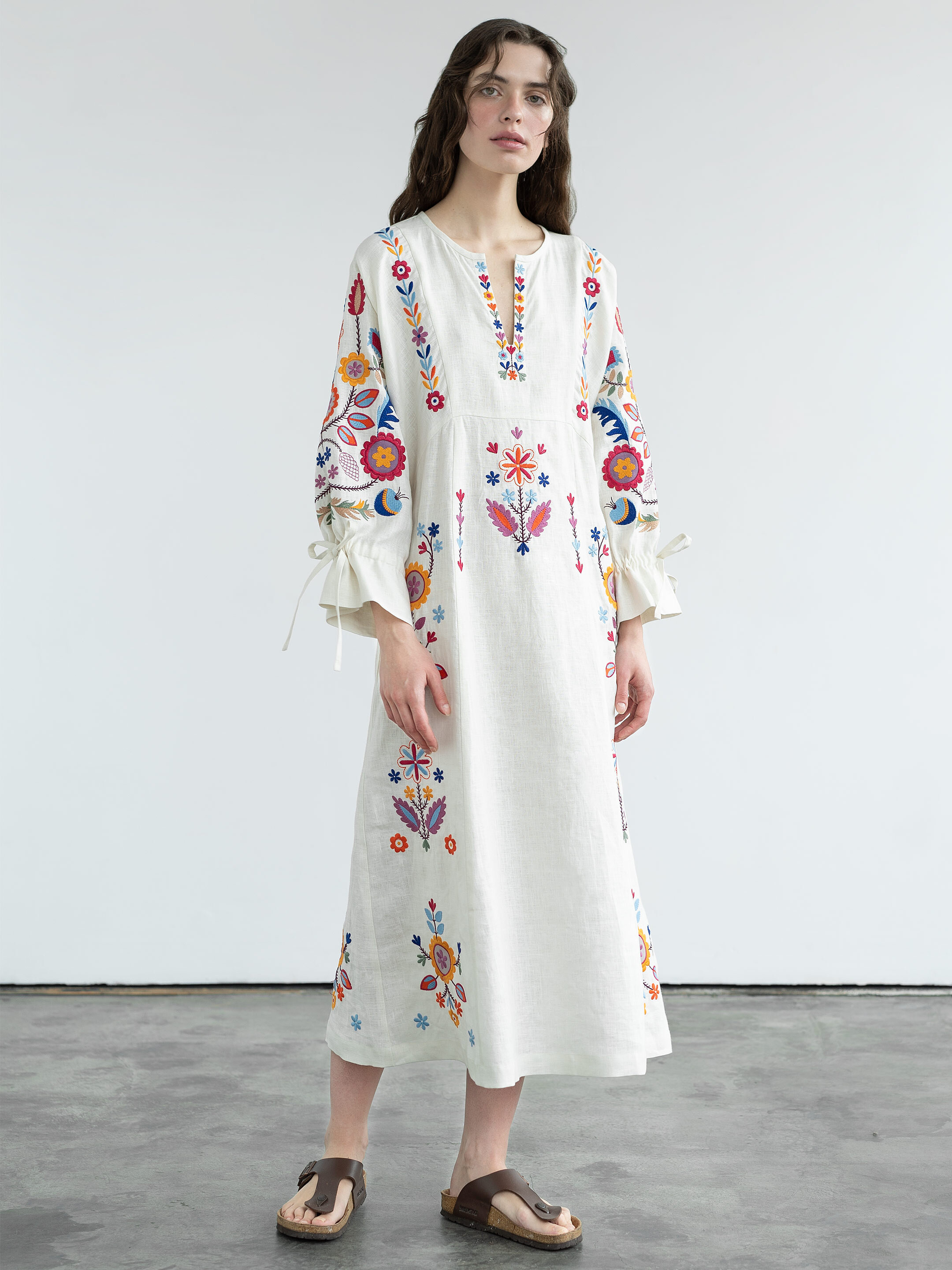 White linen dress with floral embroidery Sobachko Buy