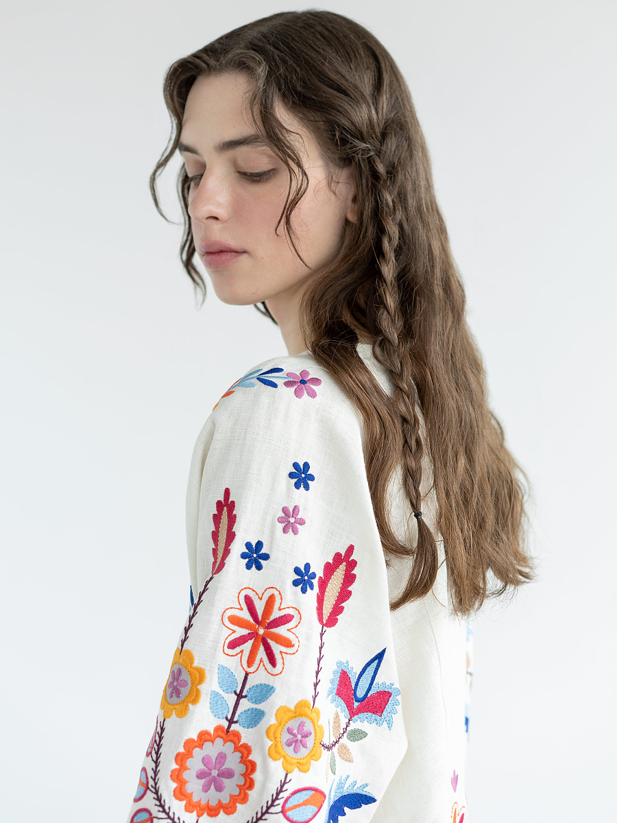 White linen dress with floral embroidery Taily [0]