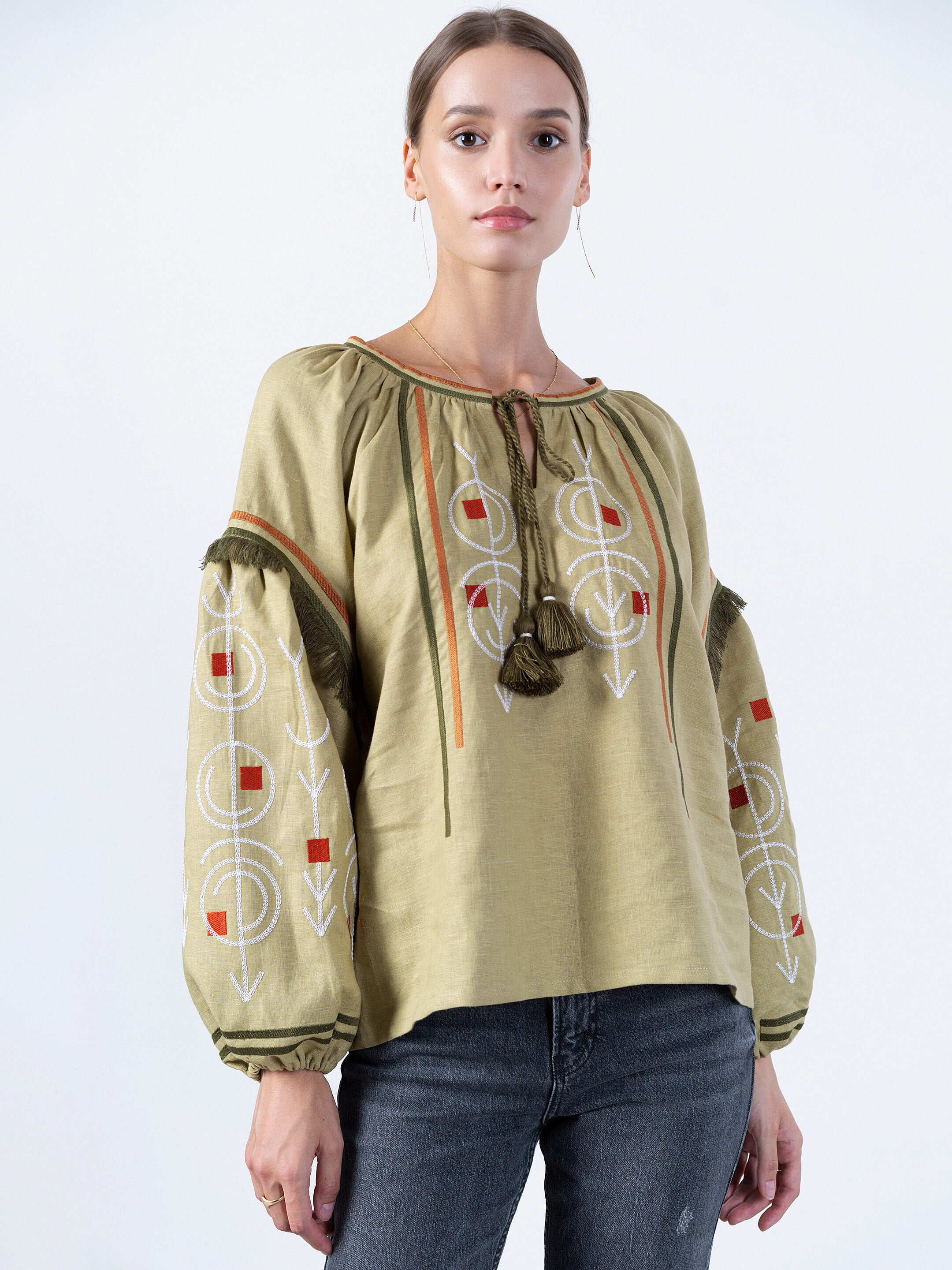 Linen embroidered free cut shirt GEO OLIVE Buy