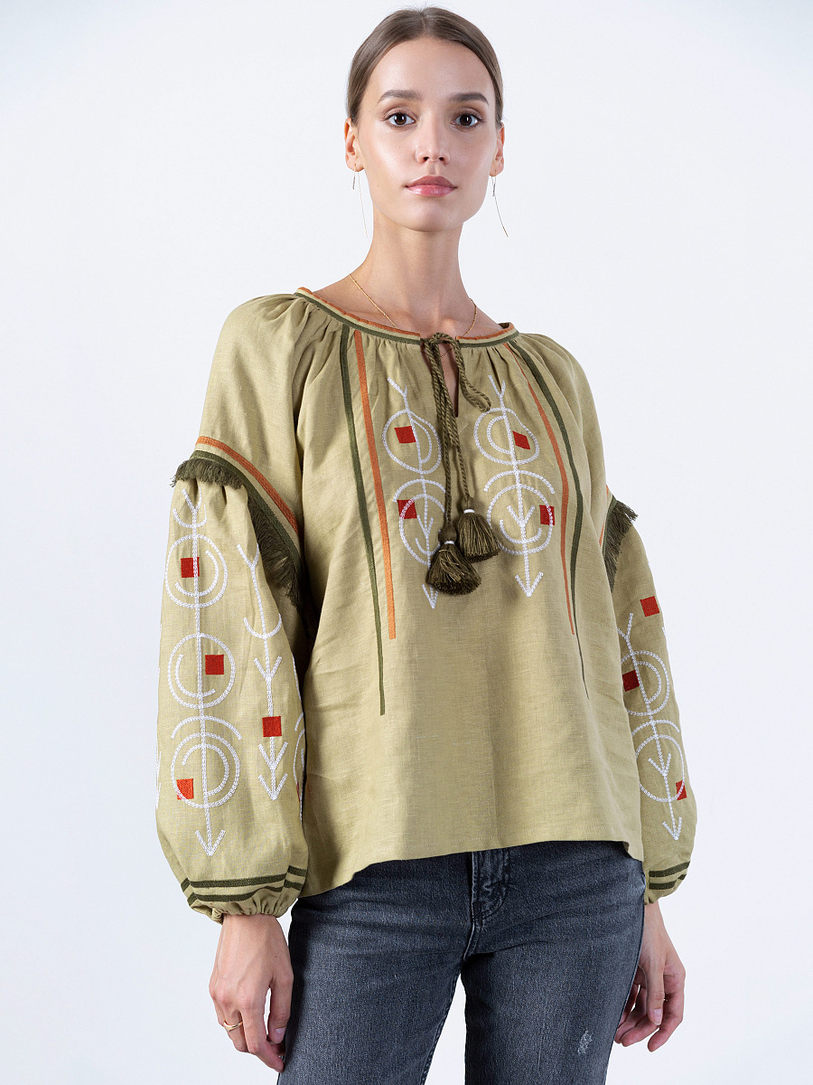 Linen embroidered free cut shirt GEO OLIVE [0]