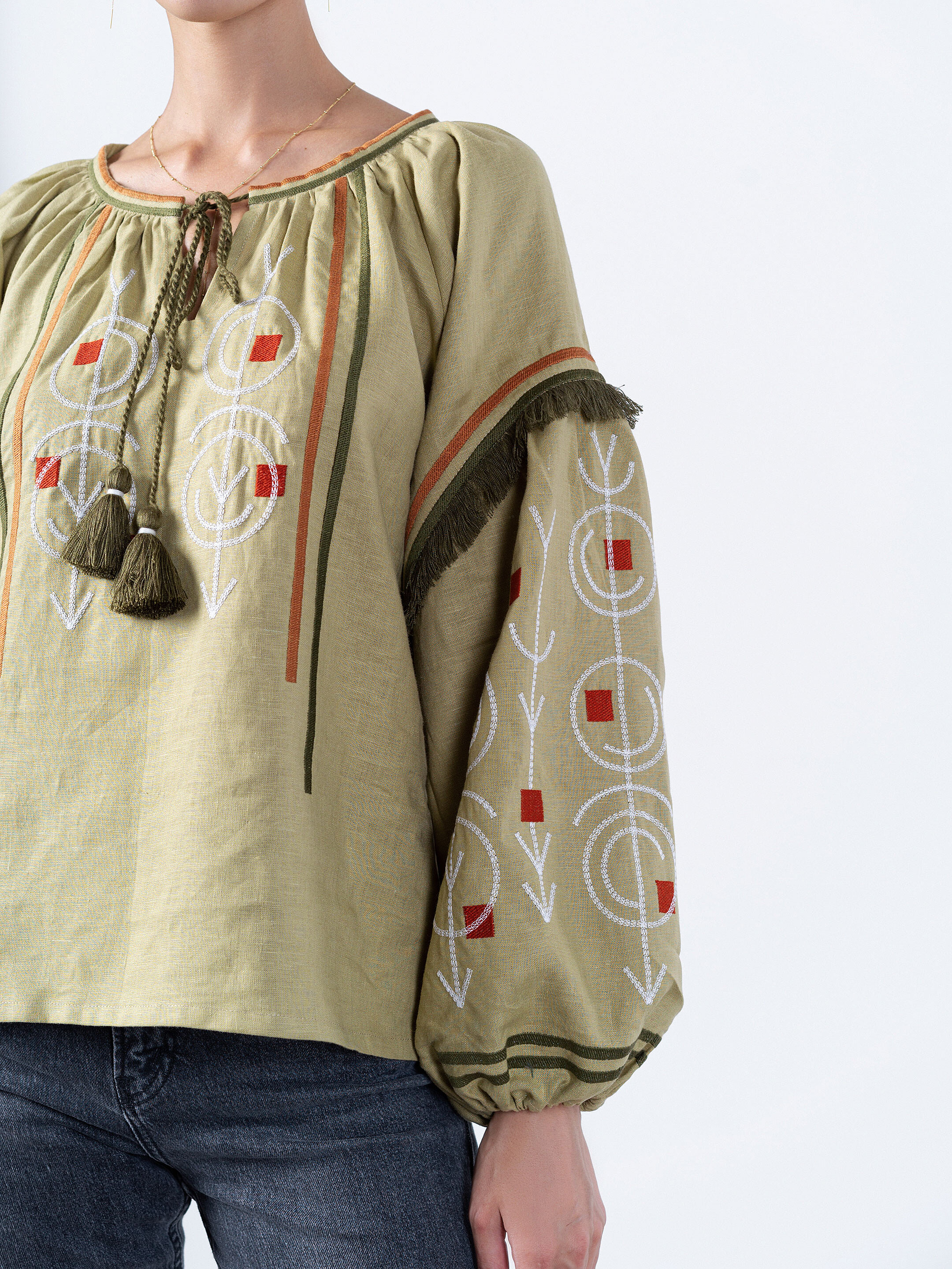 Linen embroidered free cut shirt GEO OLIVE sizes