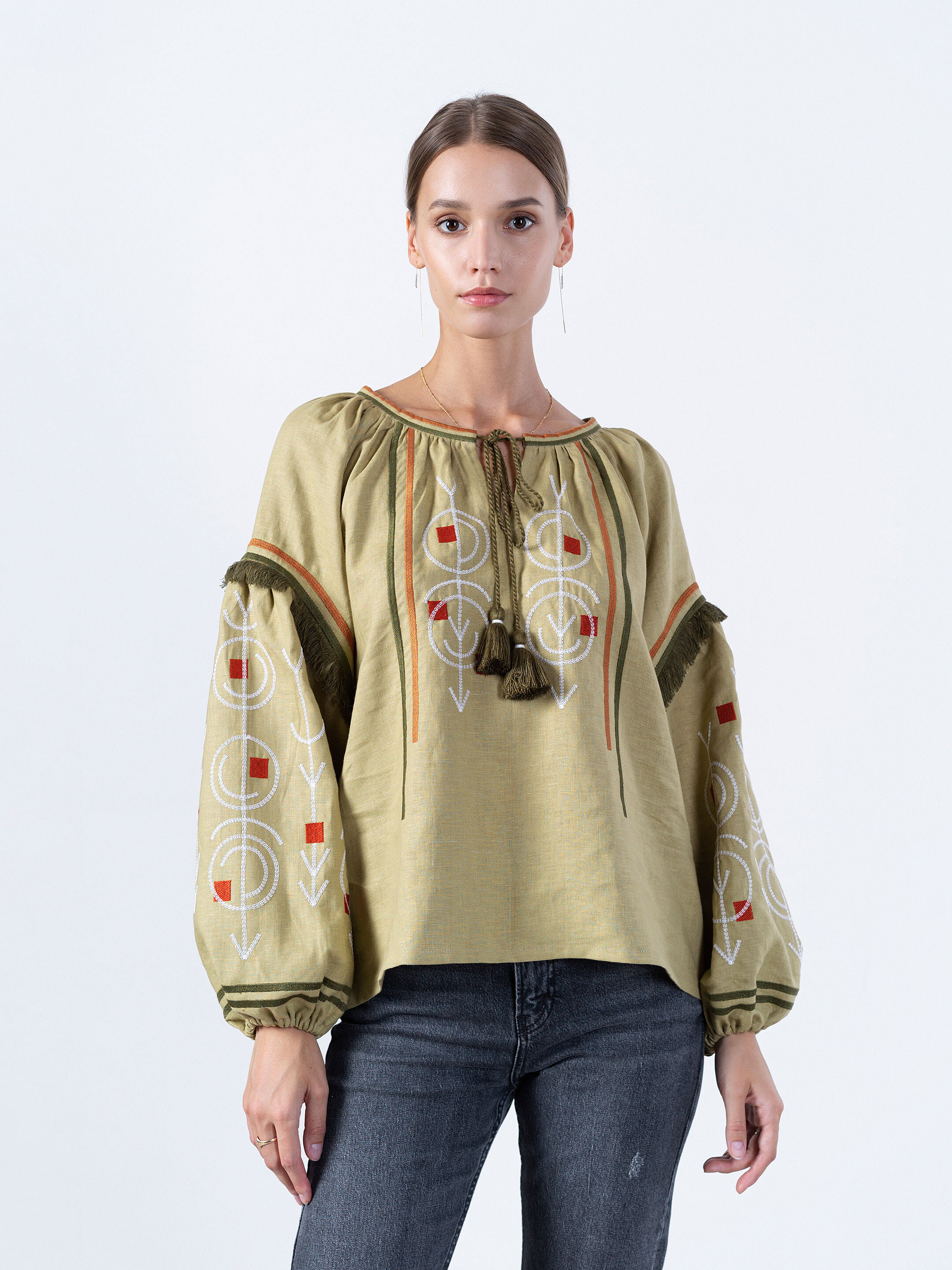 Linen embroidered free cut shirt GEO OLIVE fitting