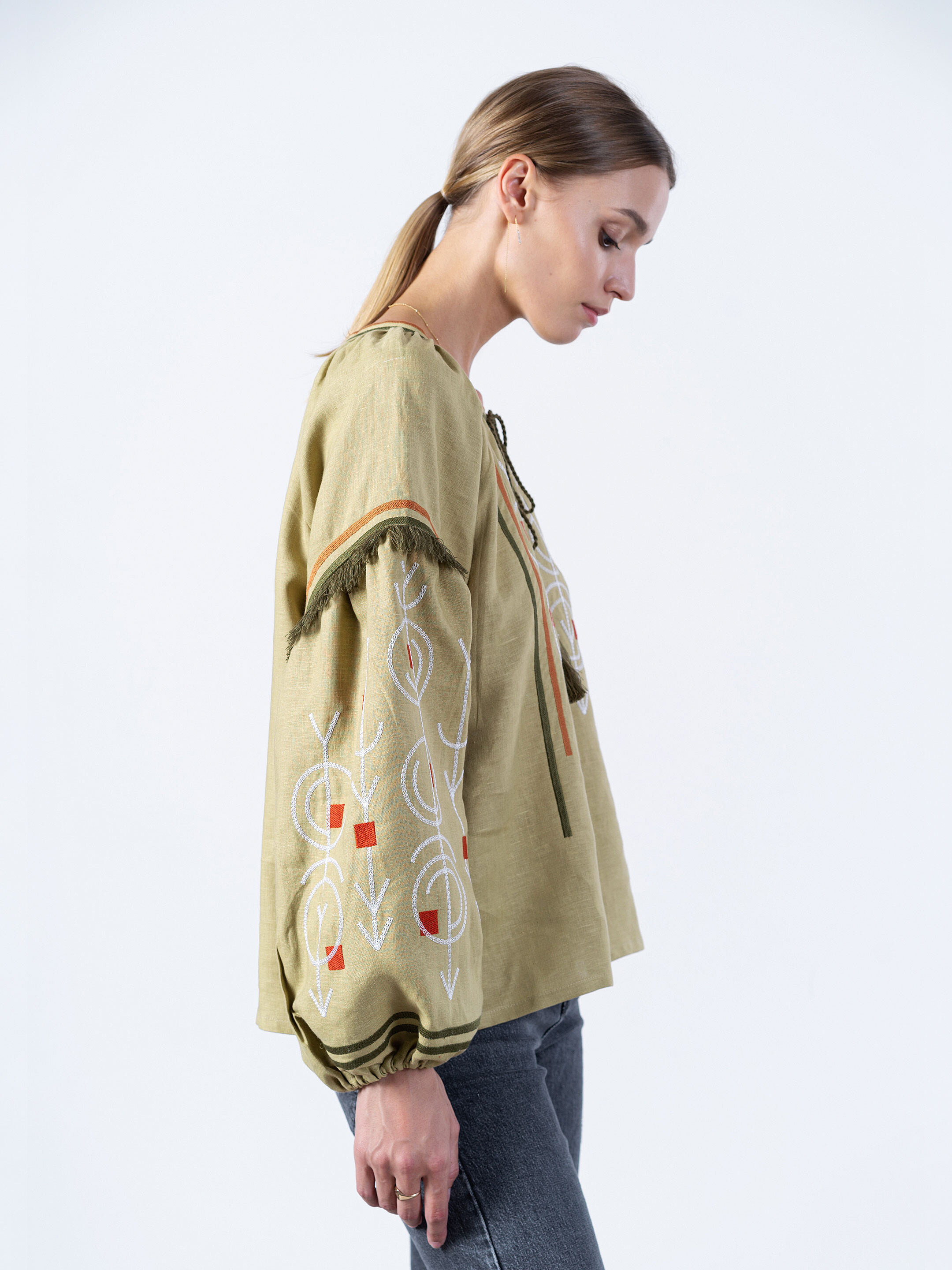 Linen embroidered free cut shirt GEO OLIVE choose