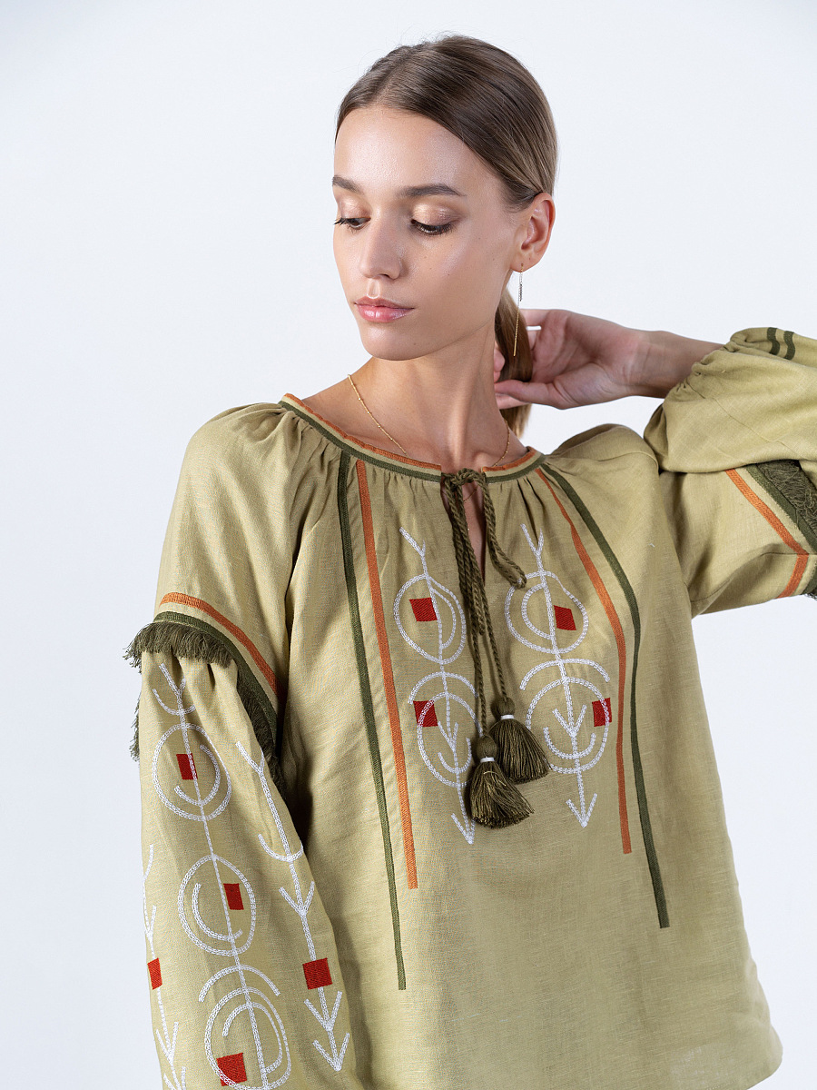 Linen embroidered free cut shirt GEO OLIVE [0]